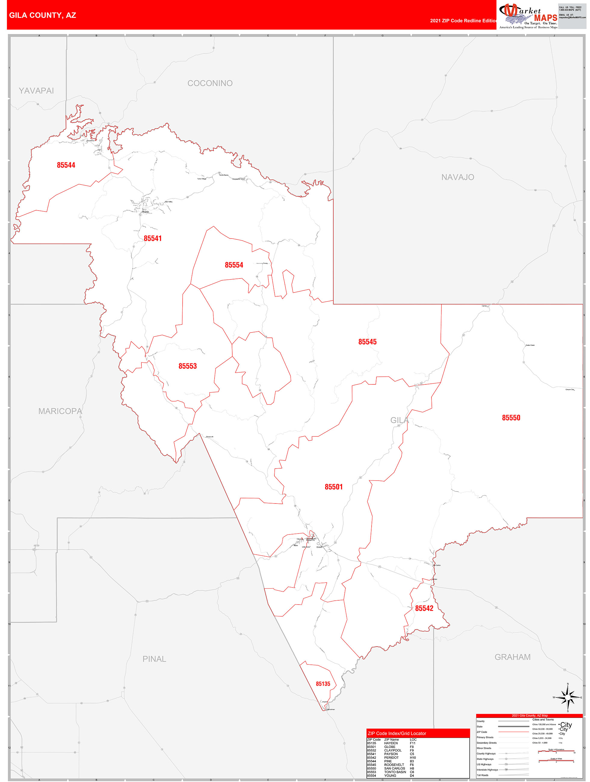Gila County, AZ Zip Code Wall Map Red Line Style by MarketMAPS