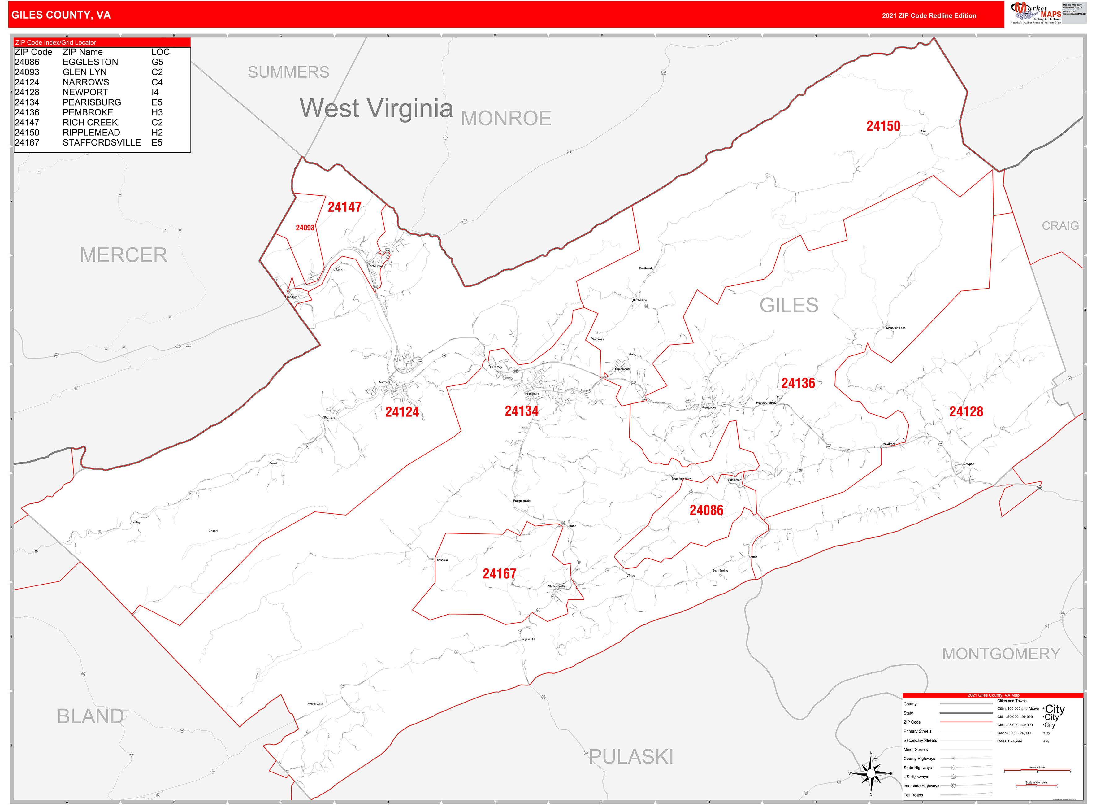 Giles County, VA Zip Code Wall Map Red Line Style by MarketMAPS MapSales
