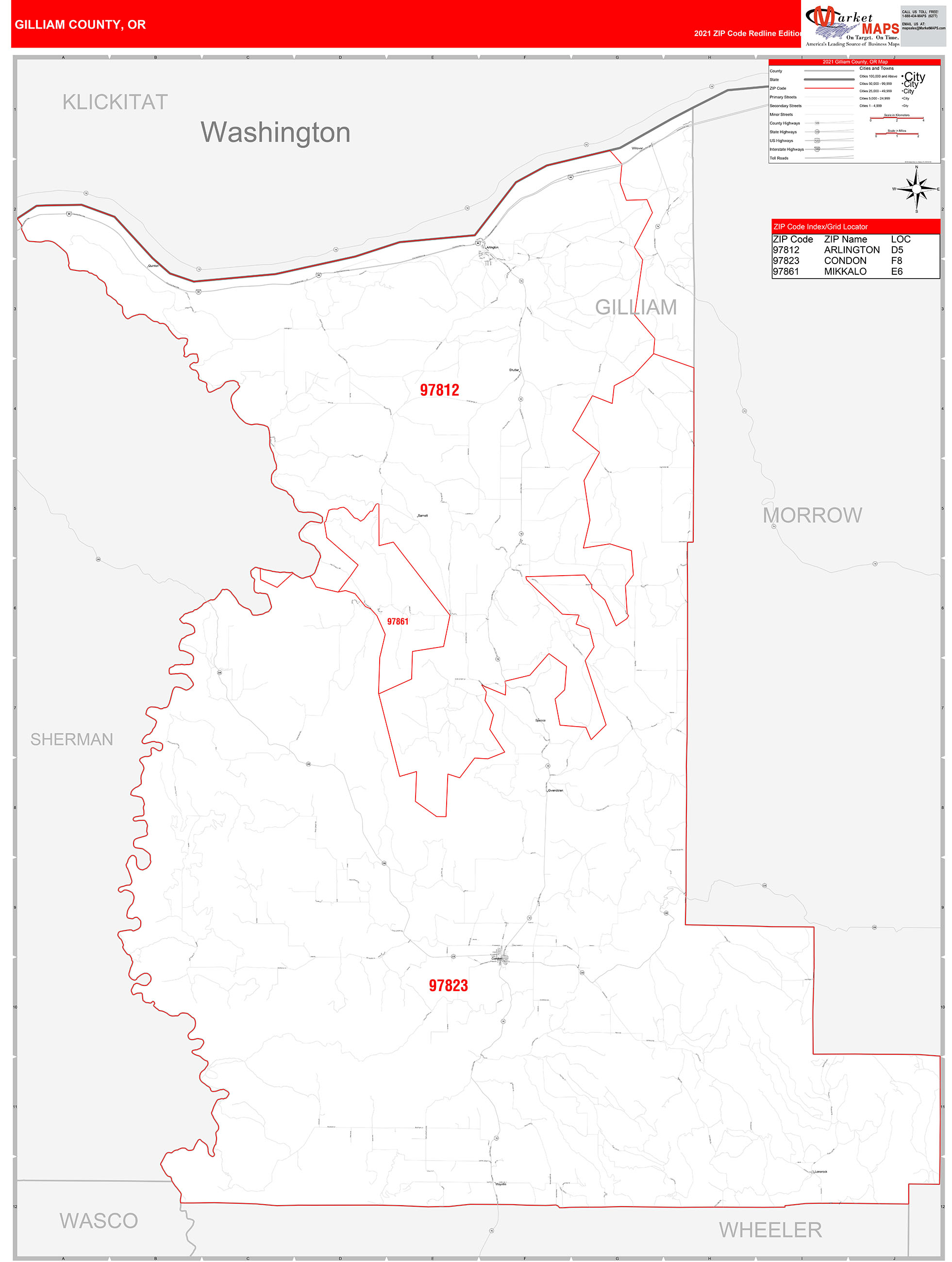 Gilliam County, OR Zip Code Wall Map Red Line Style by MarketMAPS