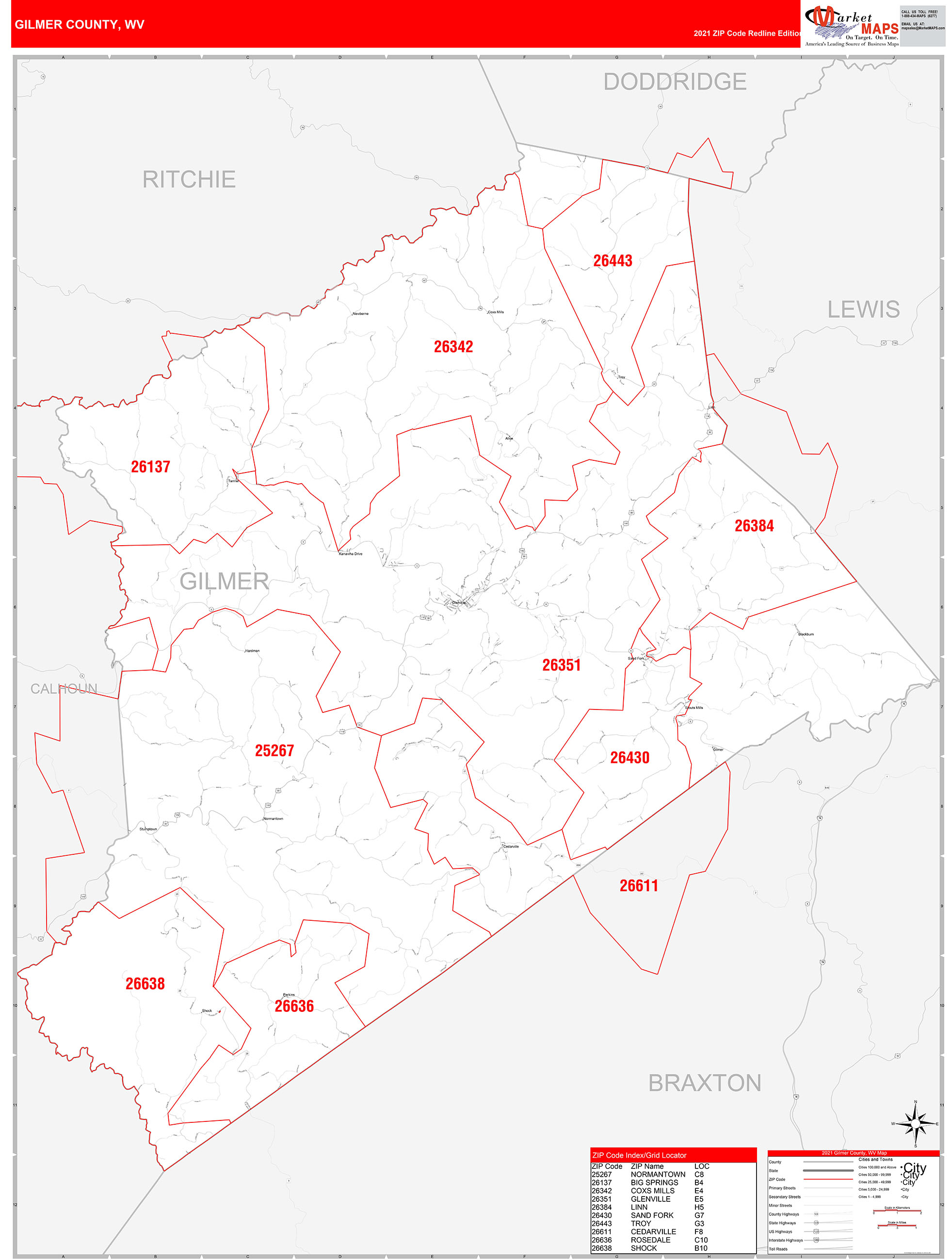 Gilmer County, WV Zip Code Wall Map Red Line Style by MarketMAPS