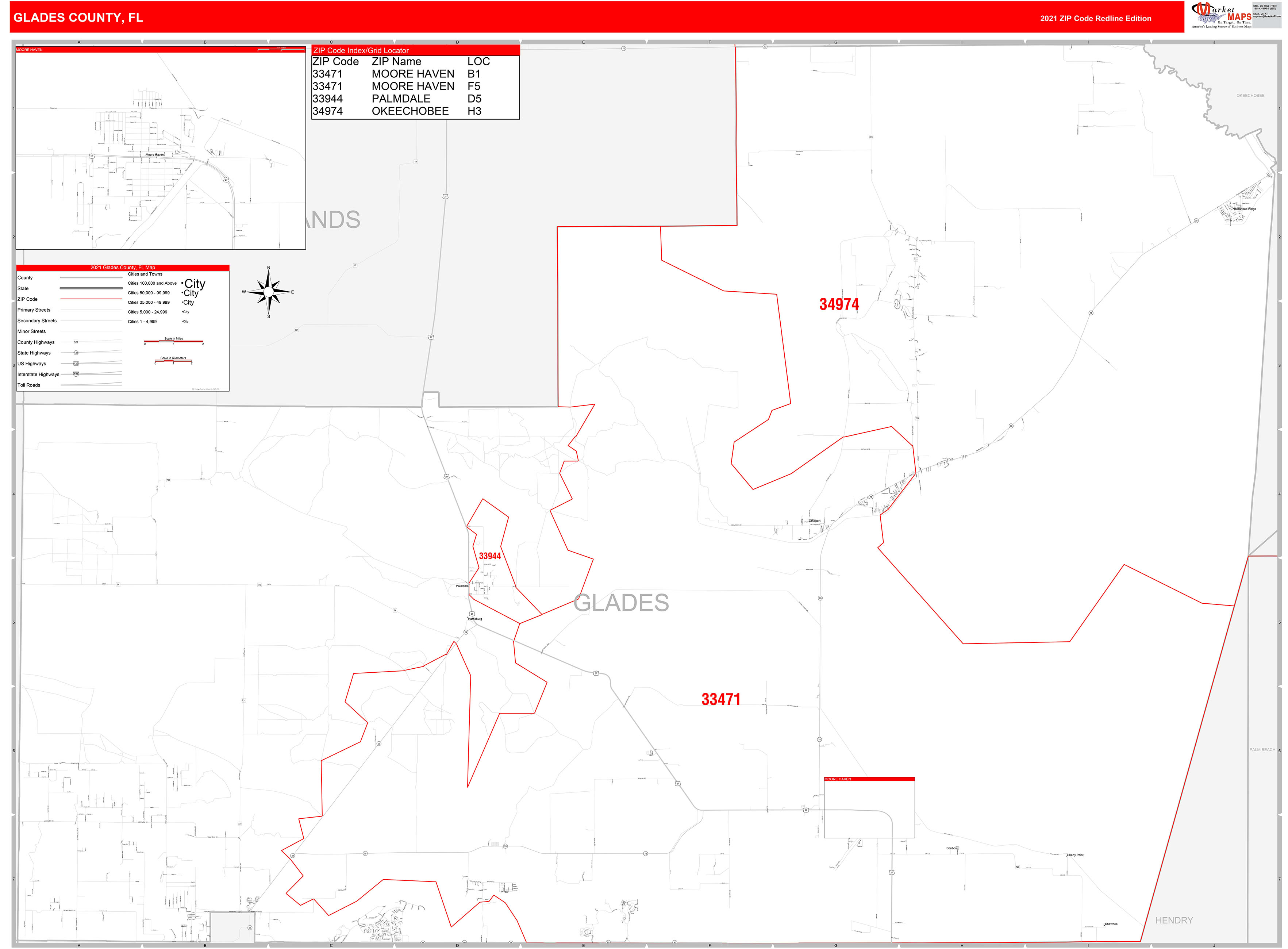 Glades County, FL Zip Code Wall Map Red Line Style by MarketMAPS MapSales