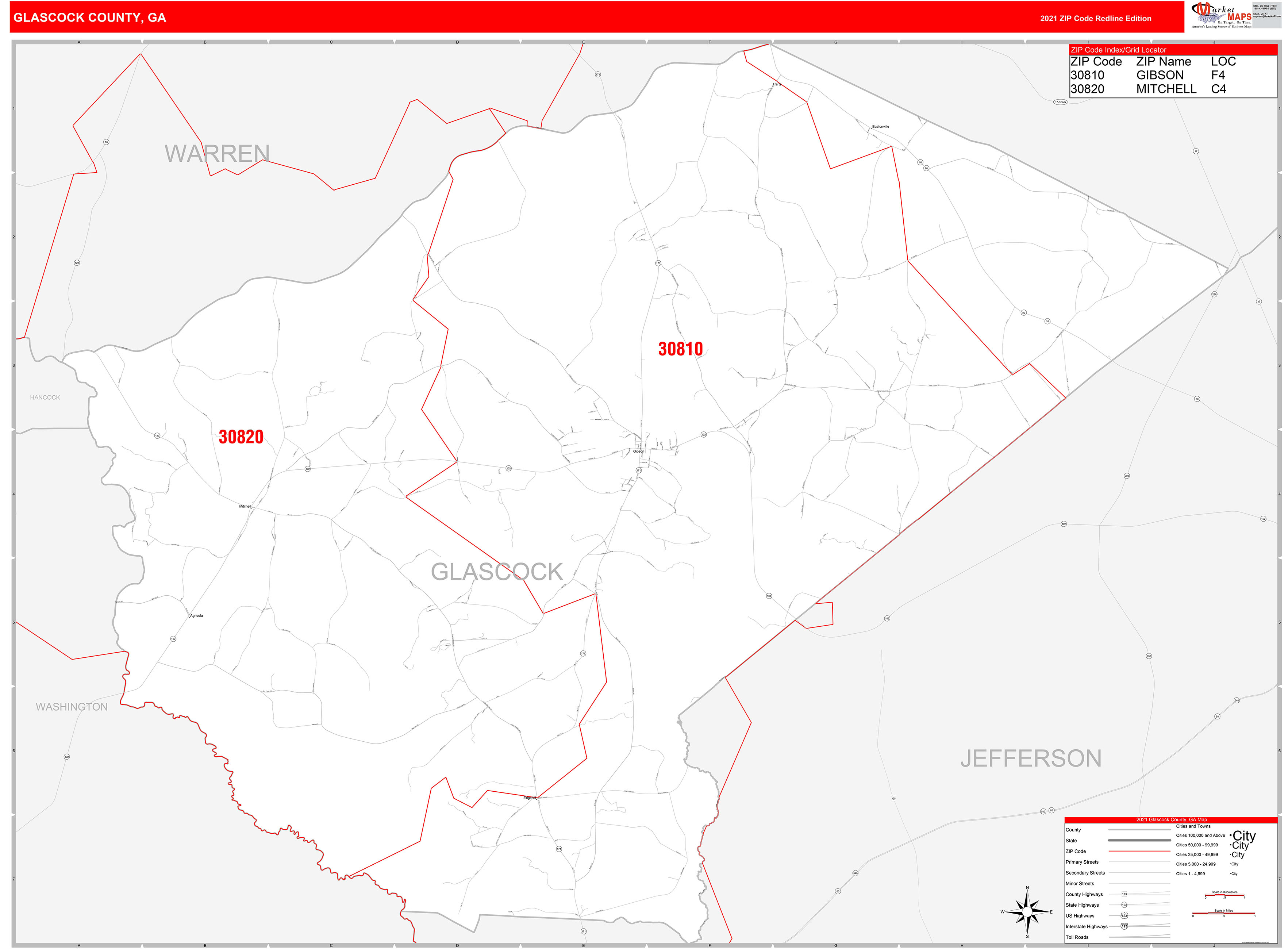 Glascock County, GA Zip Code Wall Map Red Line Style by MarketMAPS