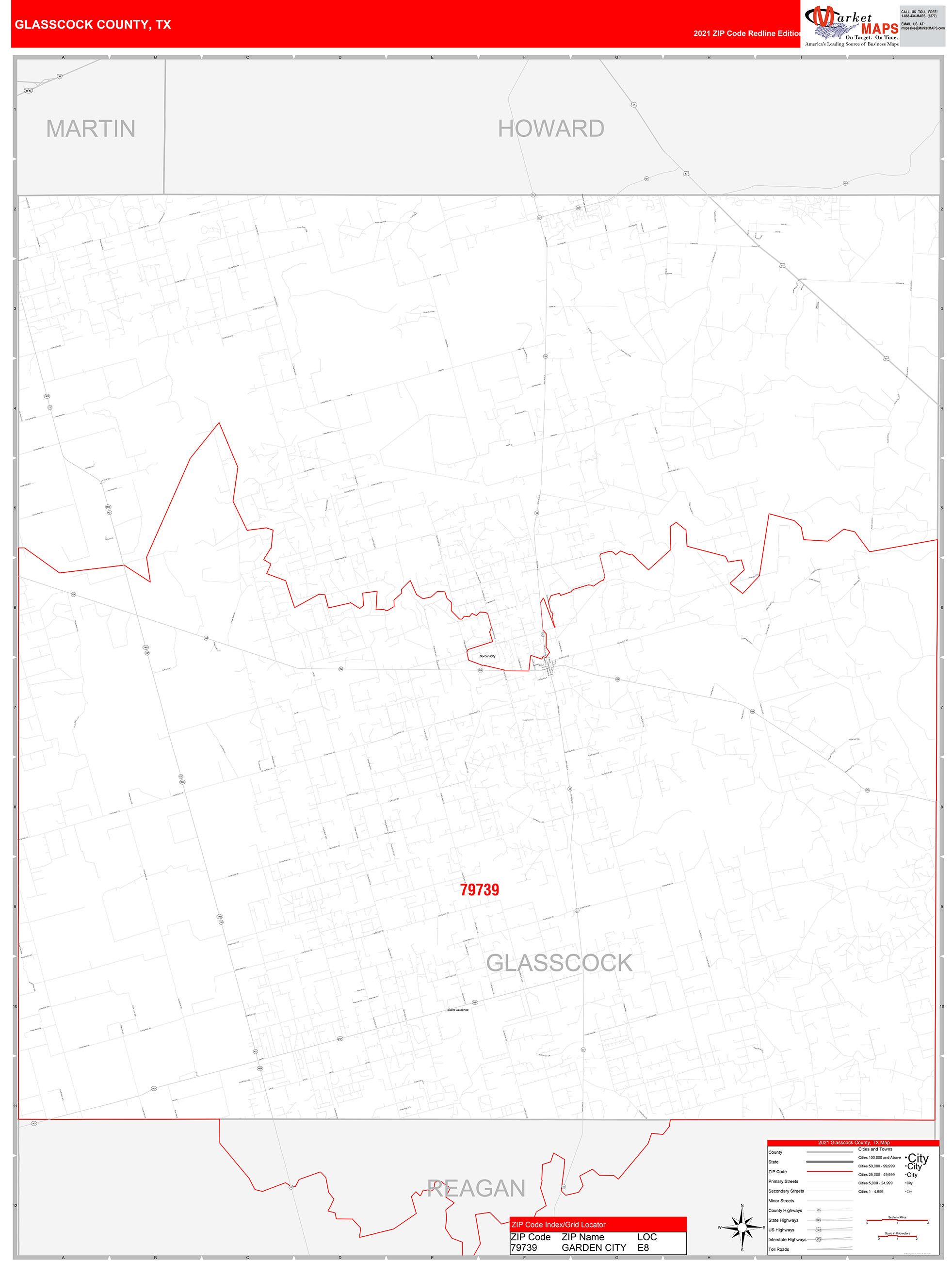 Glasscock County, TX Zip Code Wall Map Red Line Style by MarketMAPS