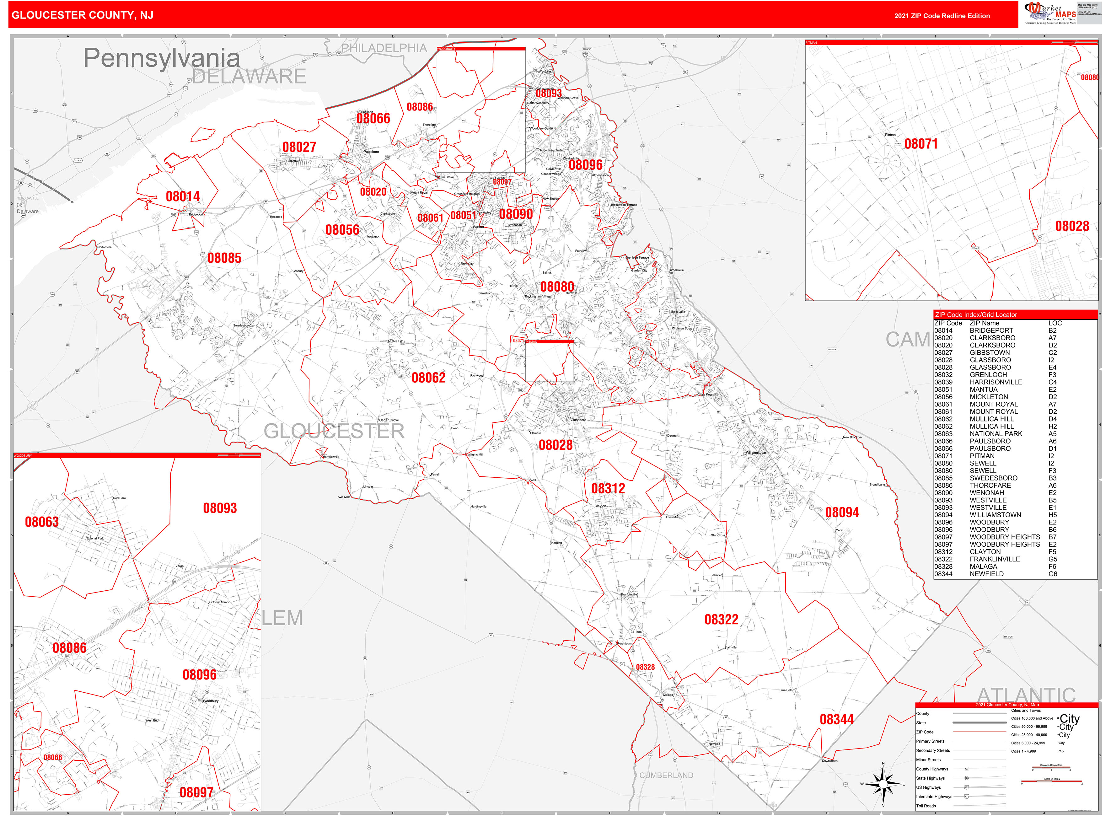 Gloucester County, NJ Zip Code Wall Map Red Line Style by MarketMAPS