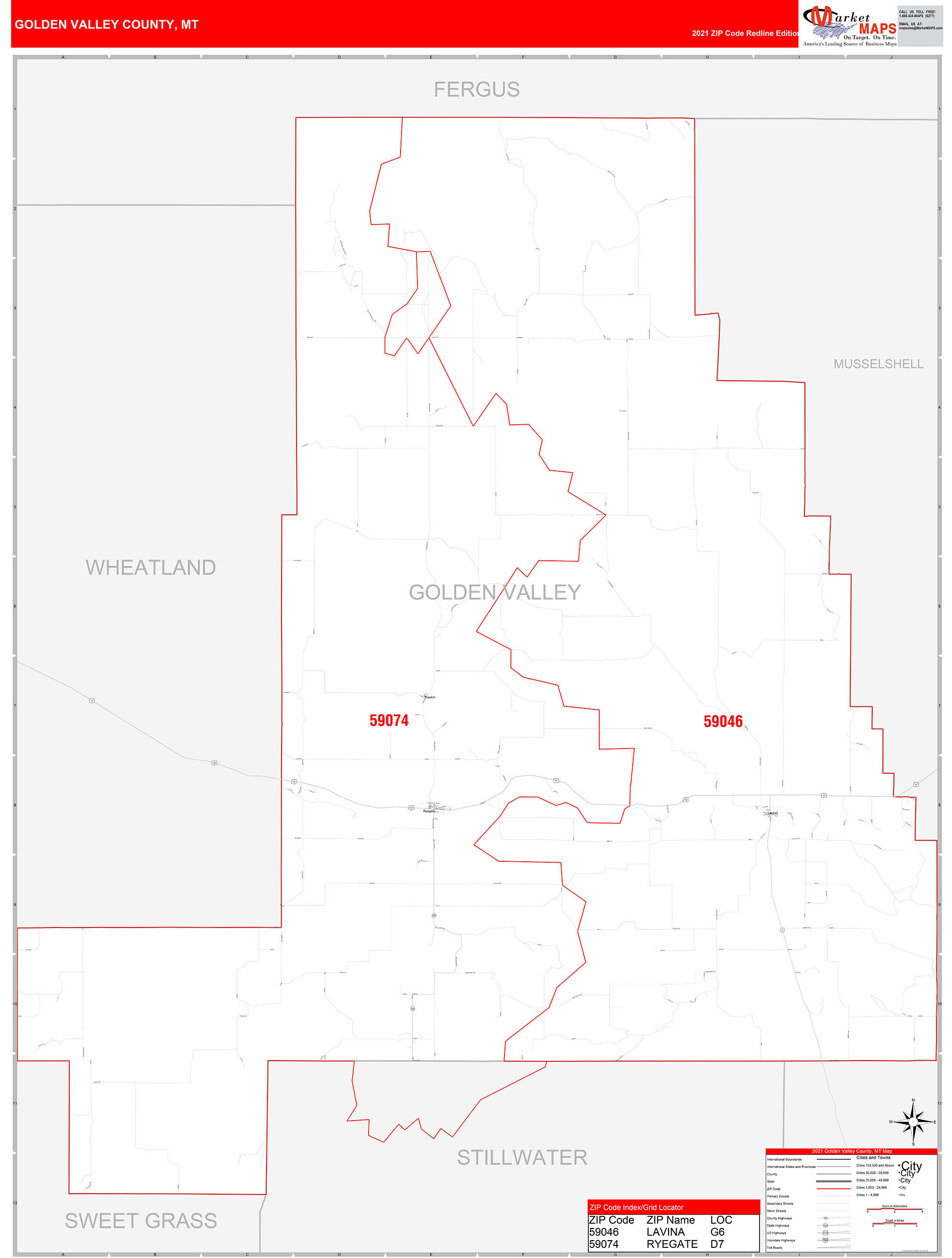 Golden Valley County, MT Zip Code Wall Map Red Line Style by MarketMAPS