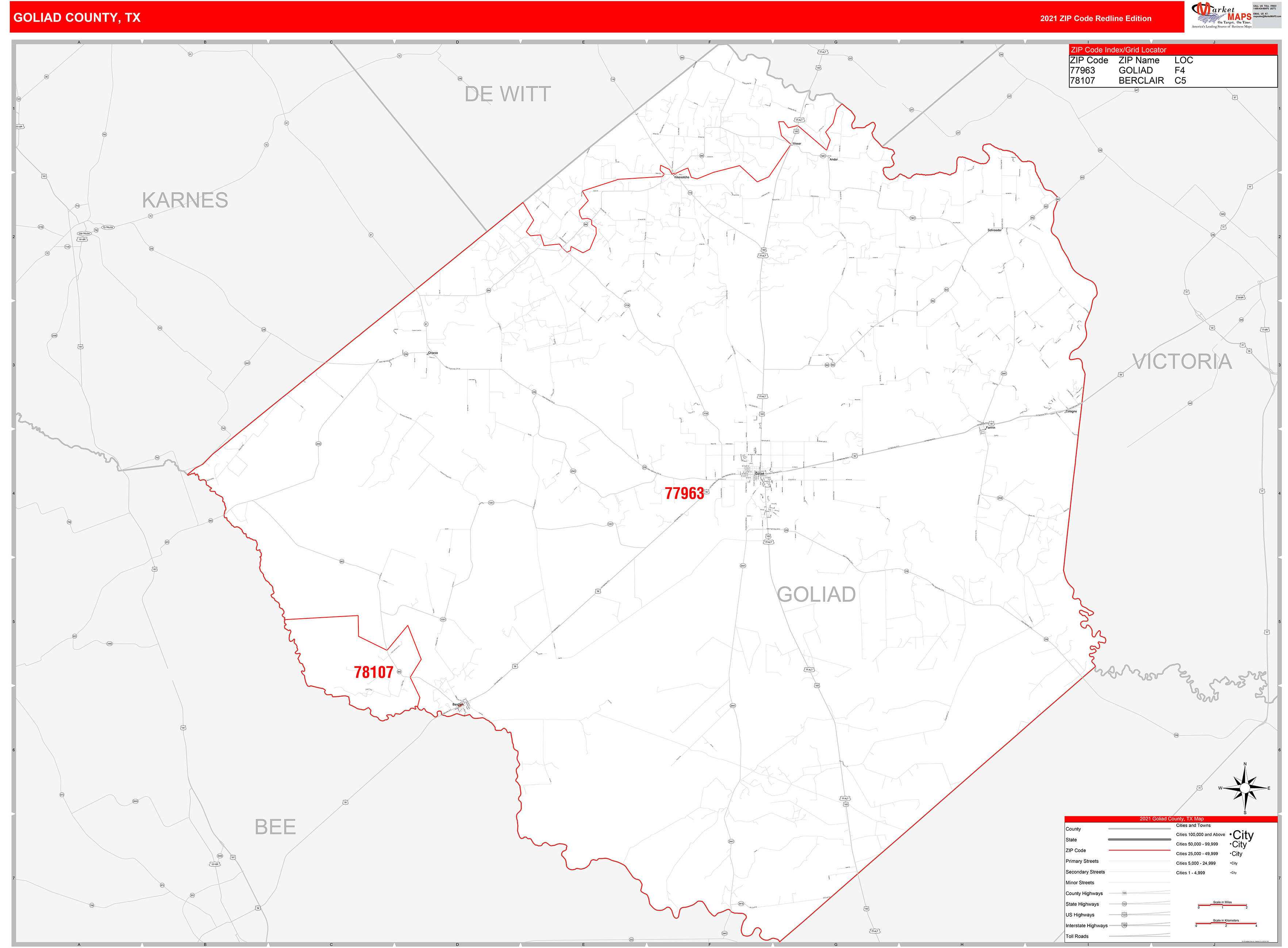 Goliad County, TX Zip Code Wall Map Red Line Style by MarketMAPS