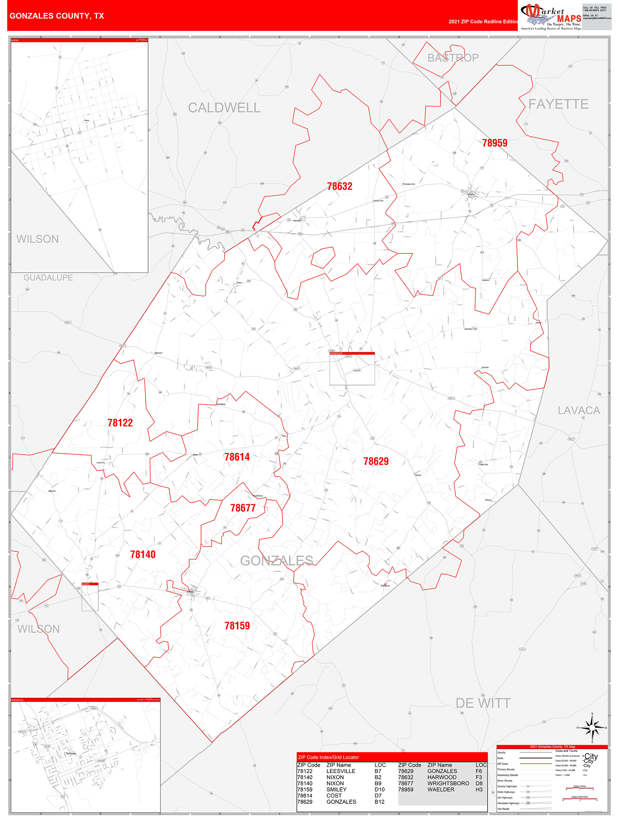 Gonzales County, TX Zip Code Wall Map Red Line Style by MarketMAPS