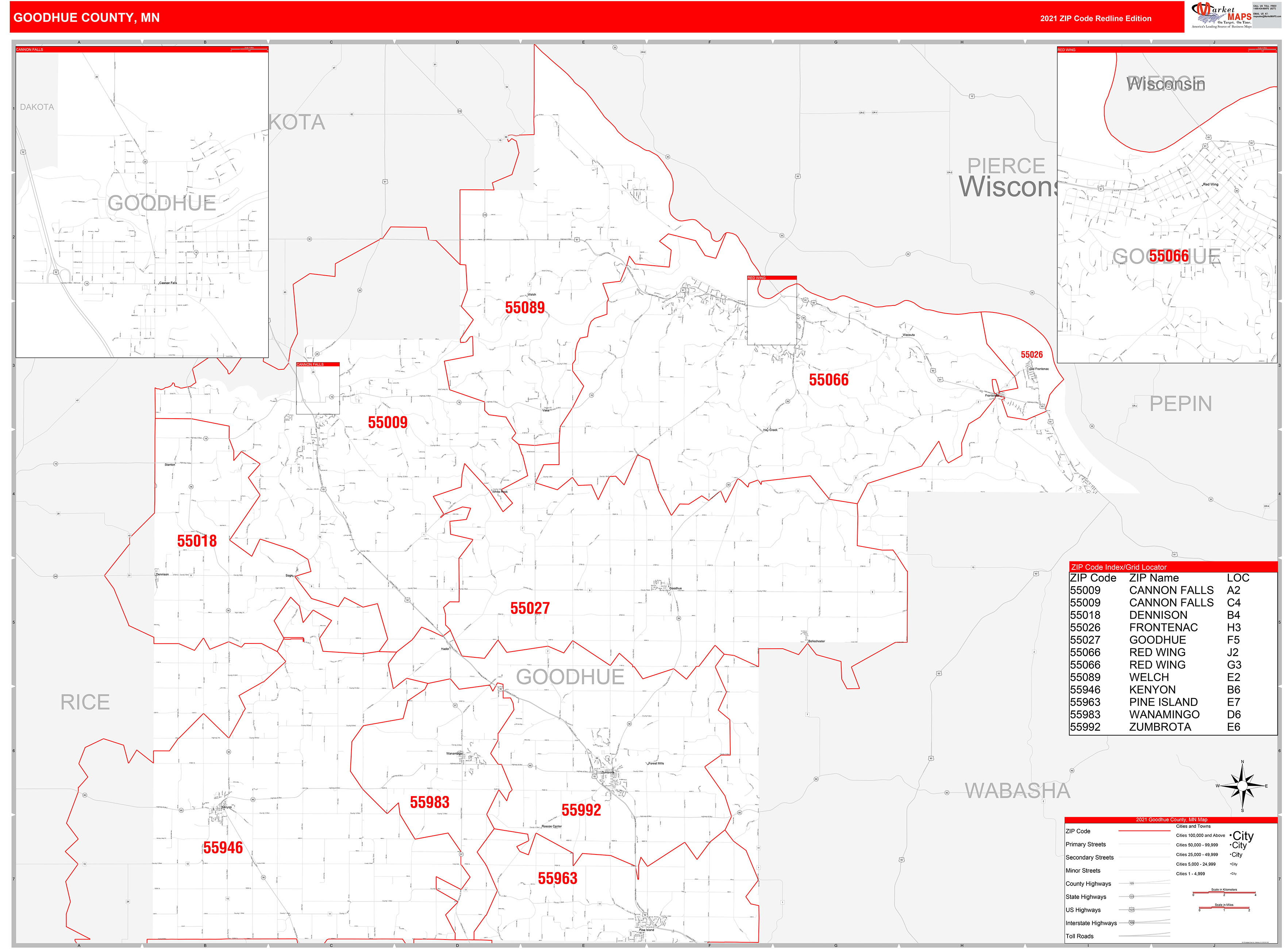 Goodhue County, MN Zip Code Wall Map Red Line Style by MarketMAPS