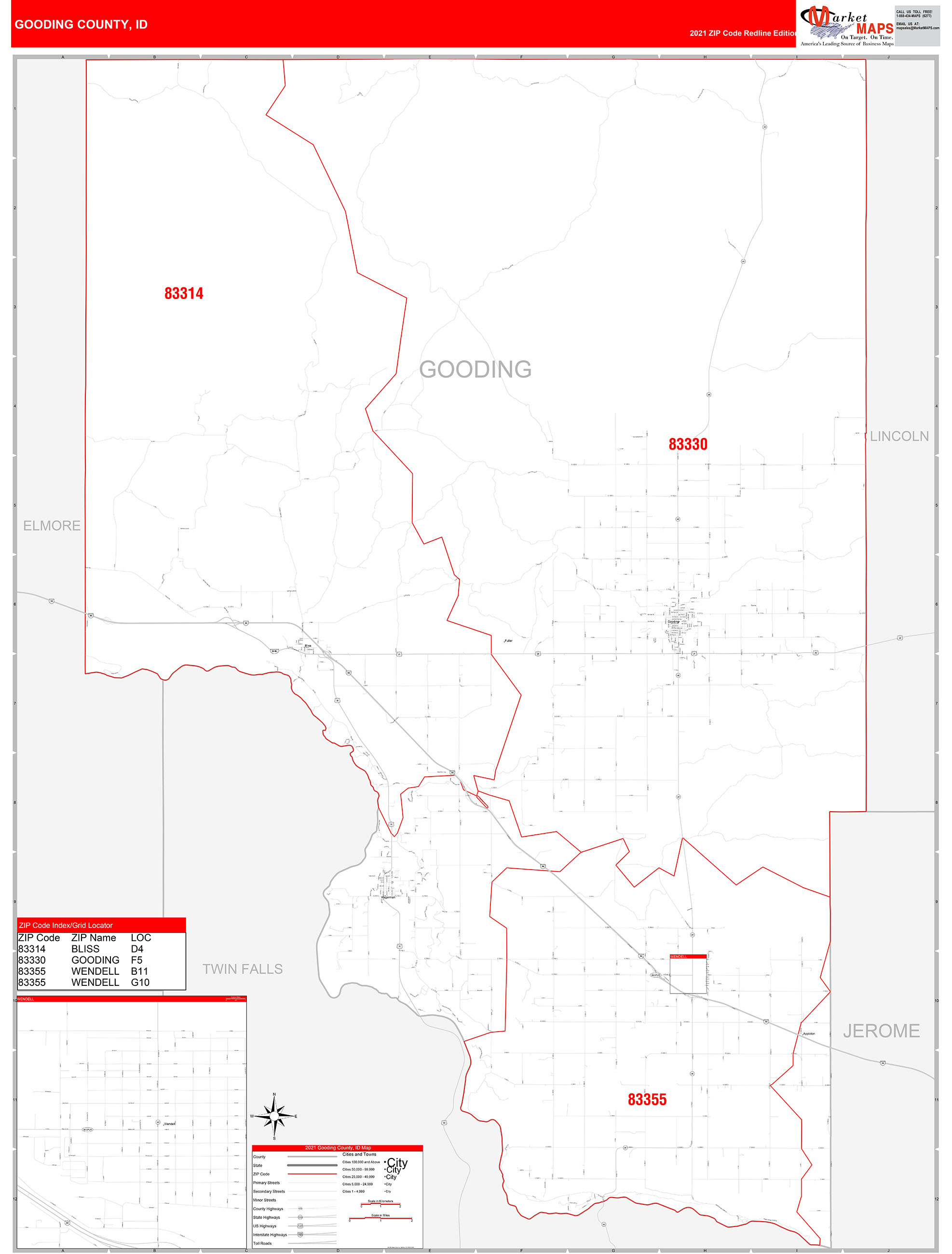 Gooding County, ID Zip Code Wall Map Red Line Style by MarketMAPS