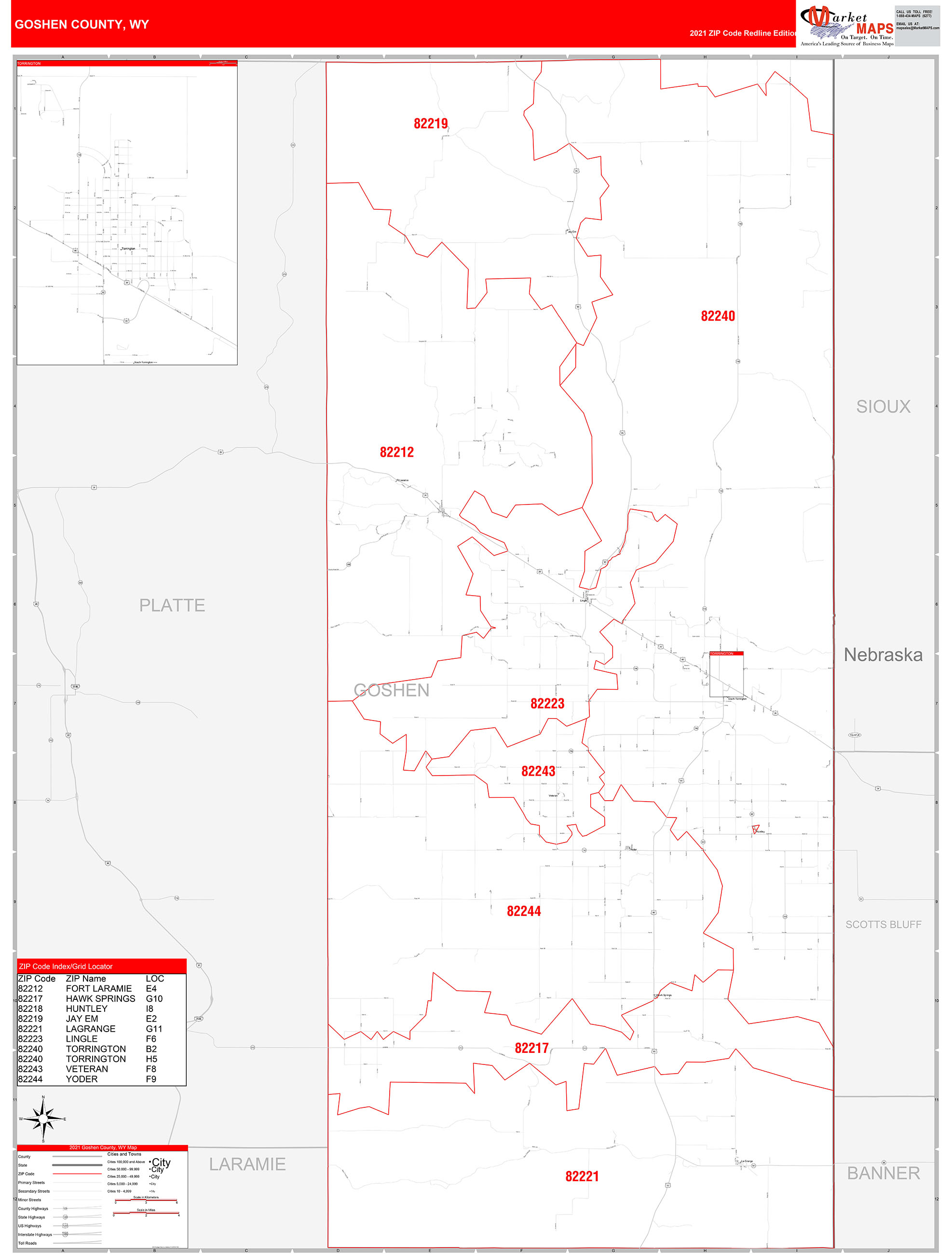 Goshen County, WY Zip Code Wall Map Red Line Style by MarketMAPS