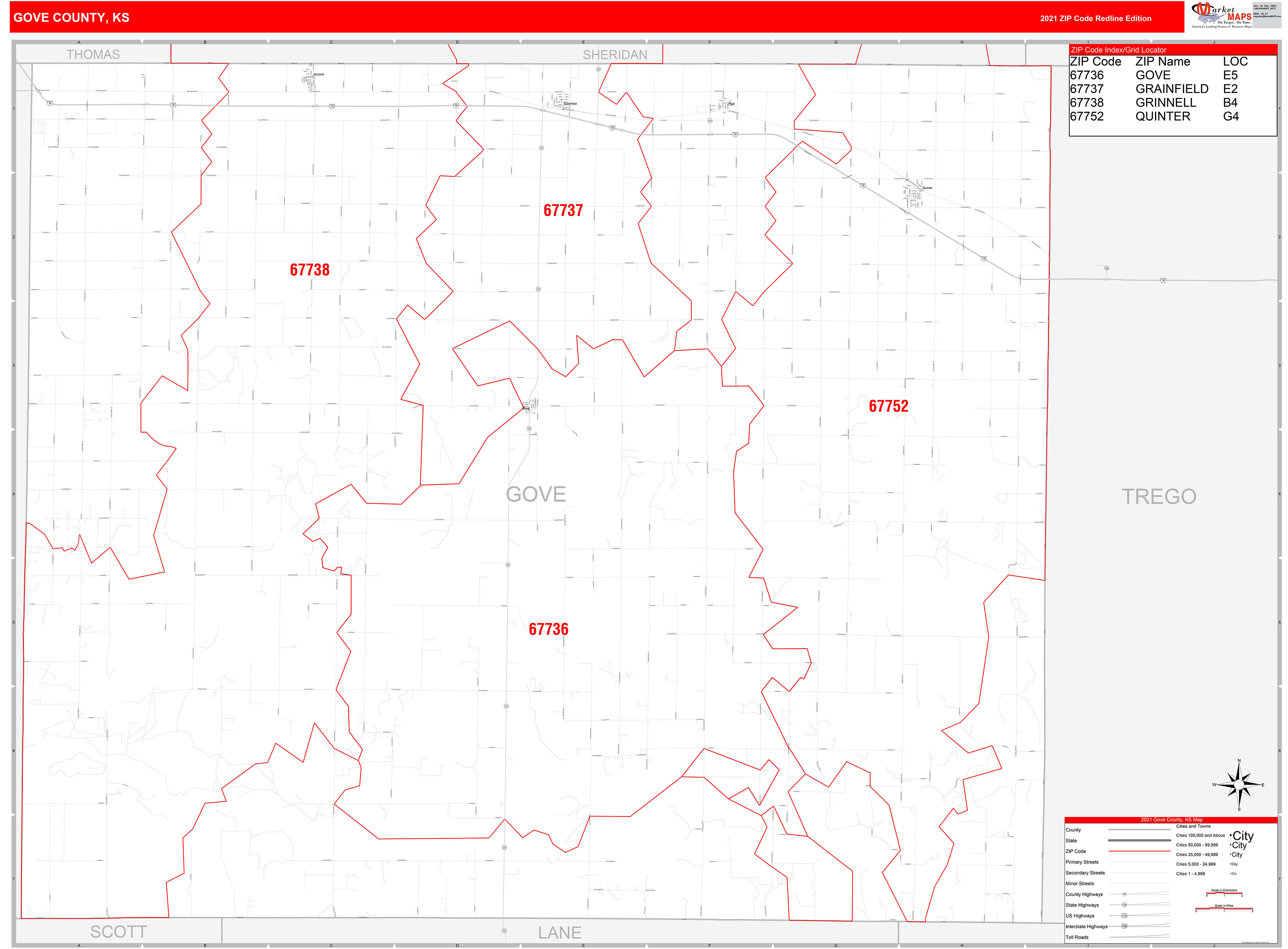 Gove County, KS Zip Code Wall Map Red Line Style by MarketMAPS MapSales