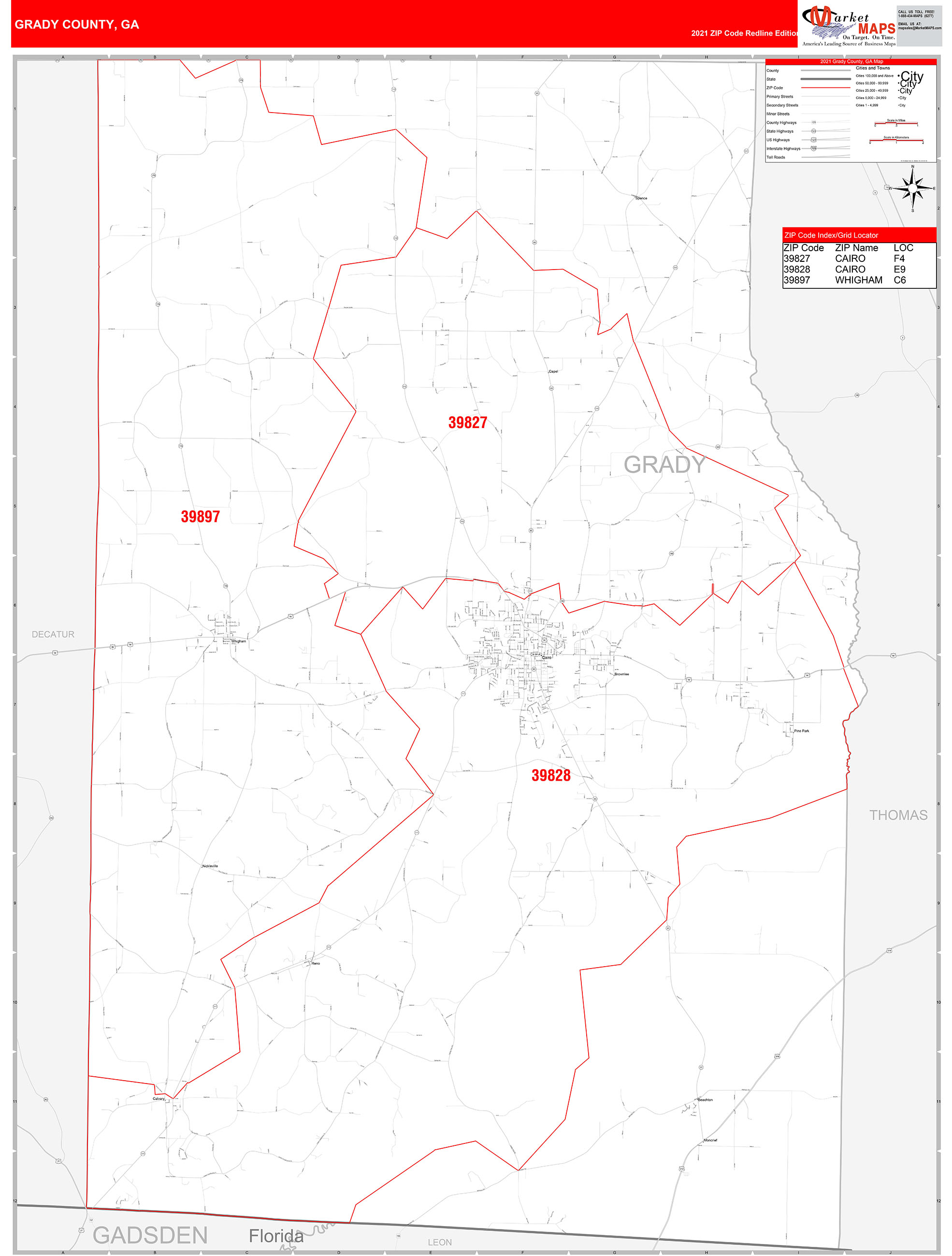 Grady County, GA Zip Code Wall Map Red Line Style by MarketMAPS