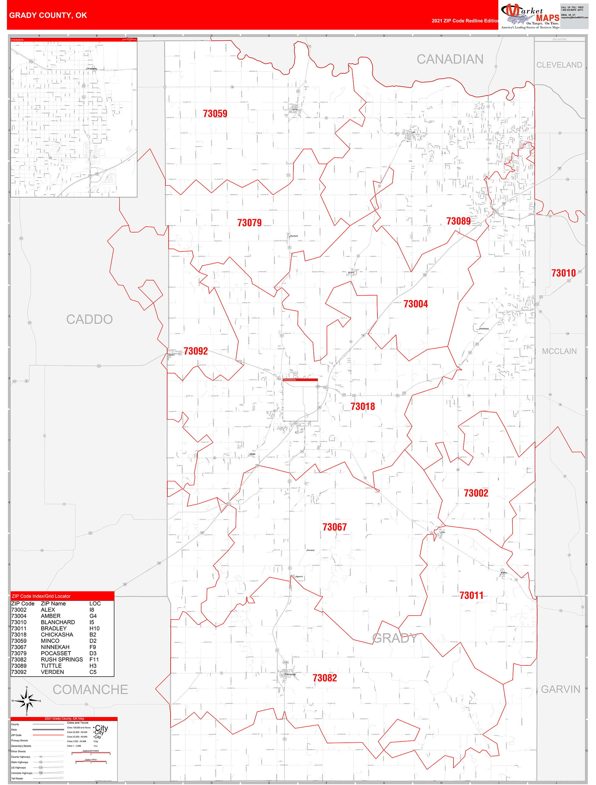 Grady County, OK Zip Code Wall Map Red Line Style by MarketMAPS MapSales