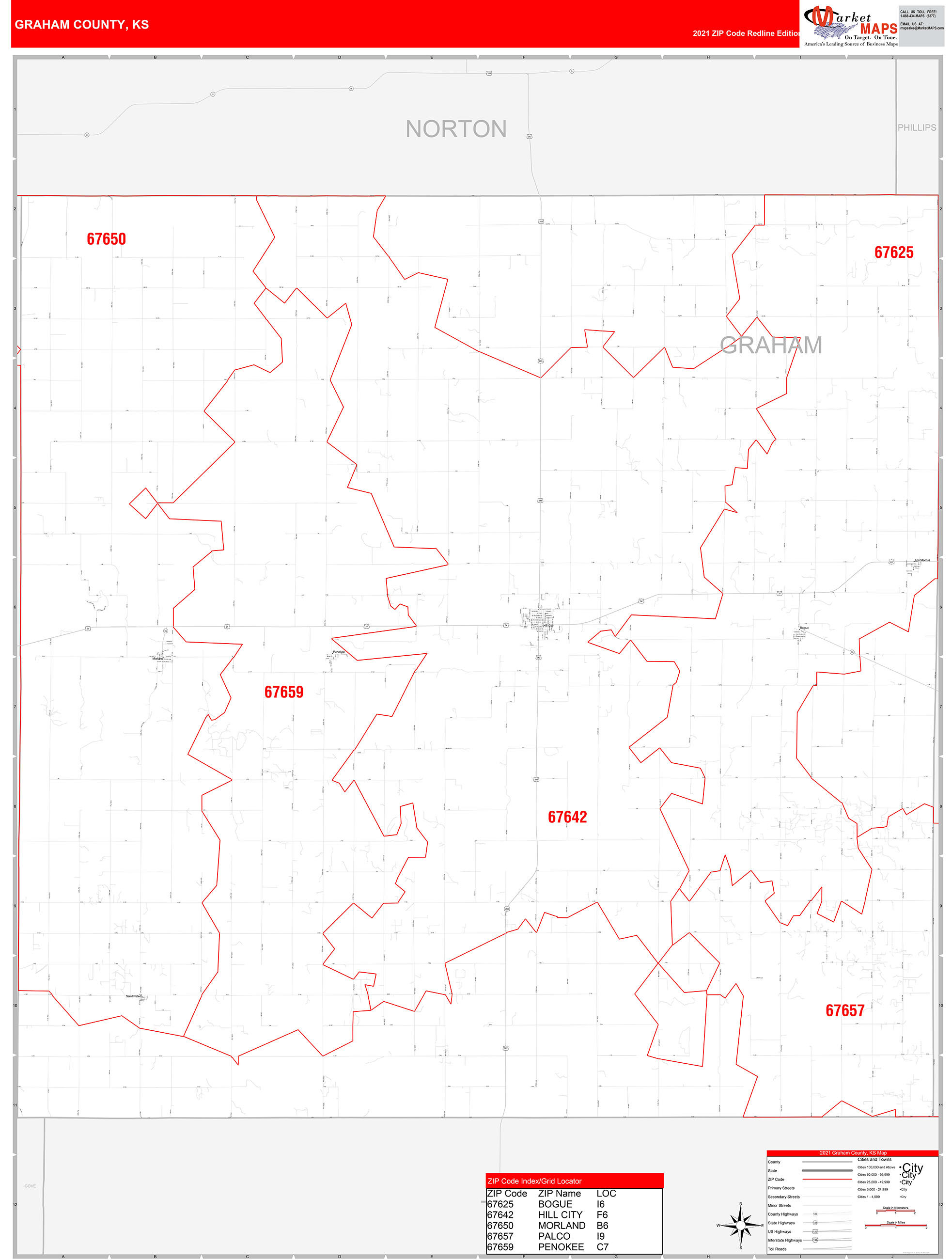 Graham County, KS Zip Code Wall Map Red Line Style by MarketMAPS MapSales