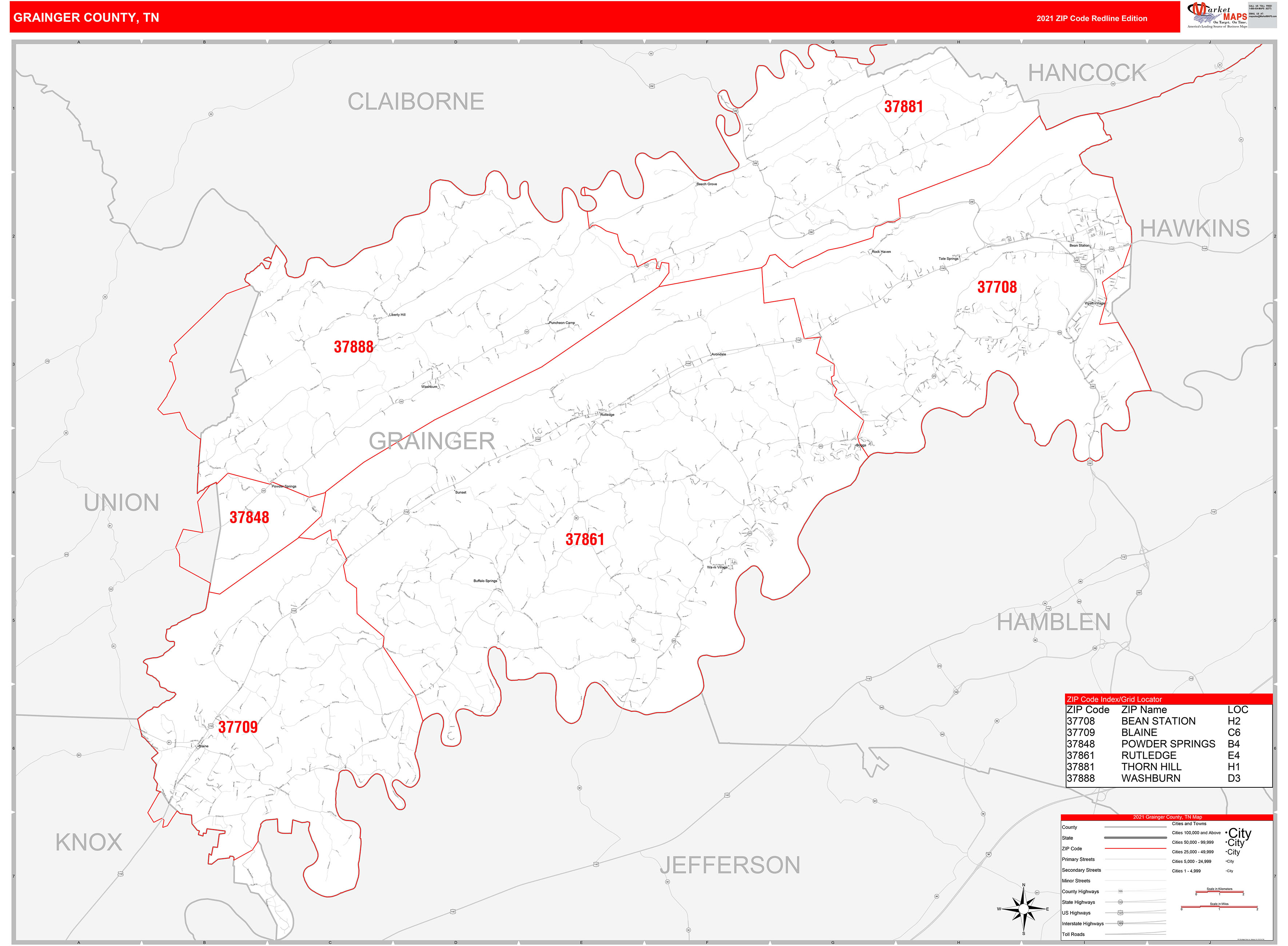 Grainger County, TN Zip Code Wall Map Red Line Style by MarketMAPS