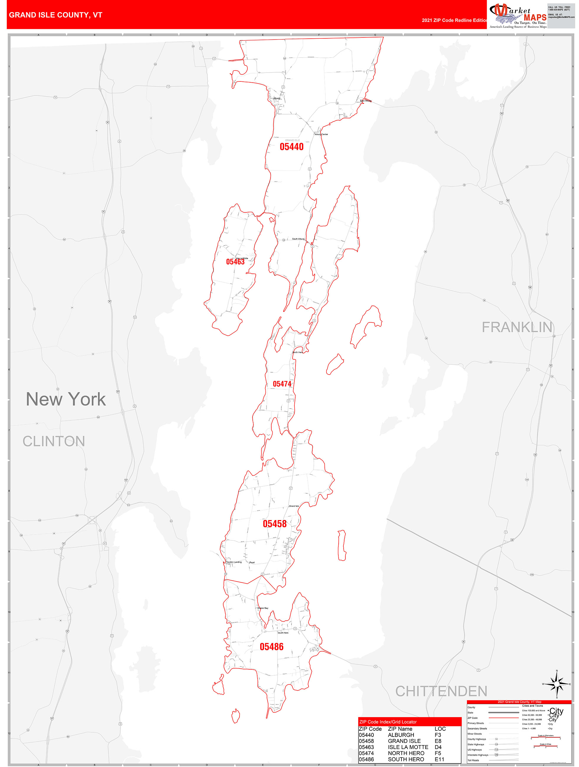Grand Isle County, VT Zip Code Wall Map Red Line Style by MarketMAPS