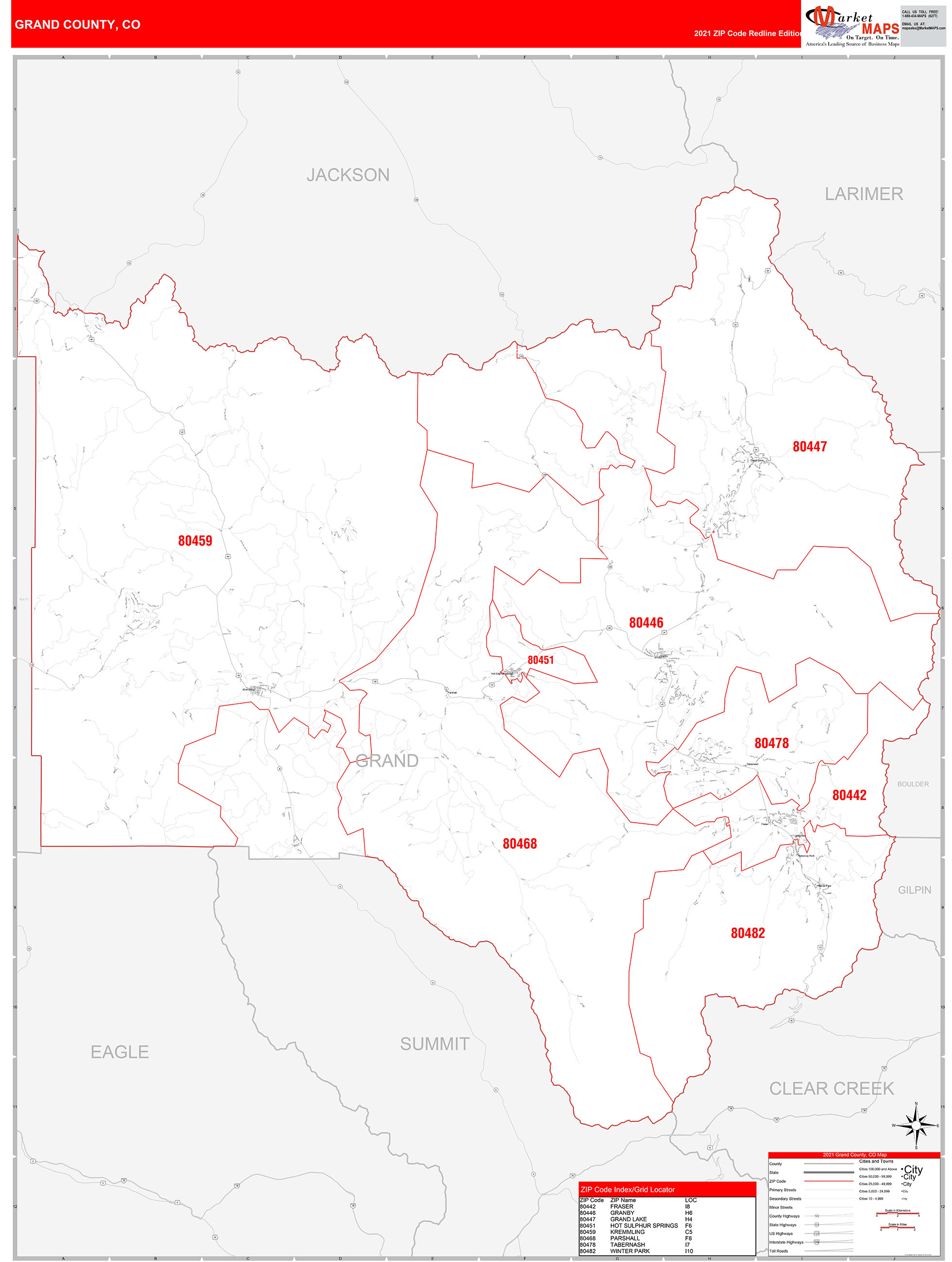 Grand County, CO Zip Code Wall Map Red Line Style by MarketMAPS