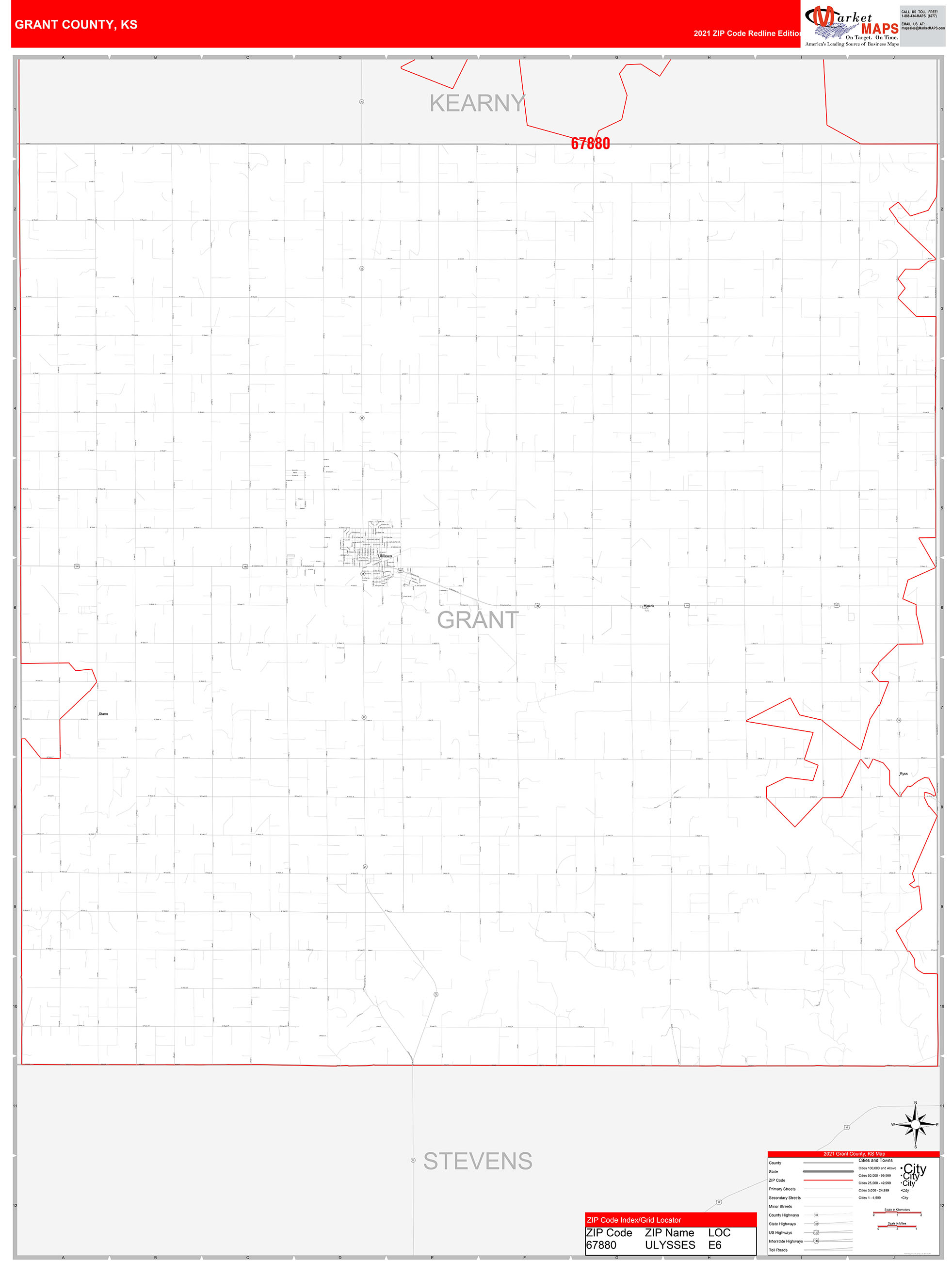 Grant County, KS Zip Code Wall Map Red Line Style by MarketMAPS