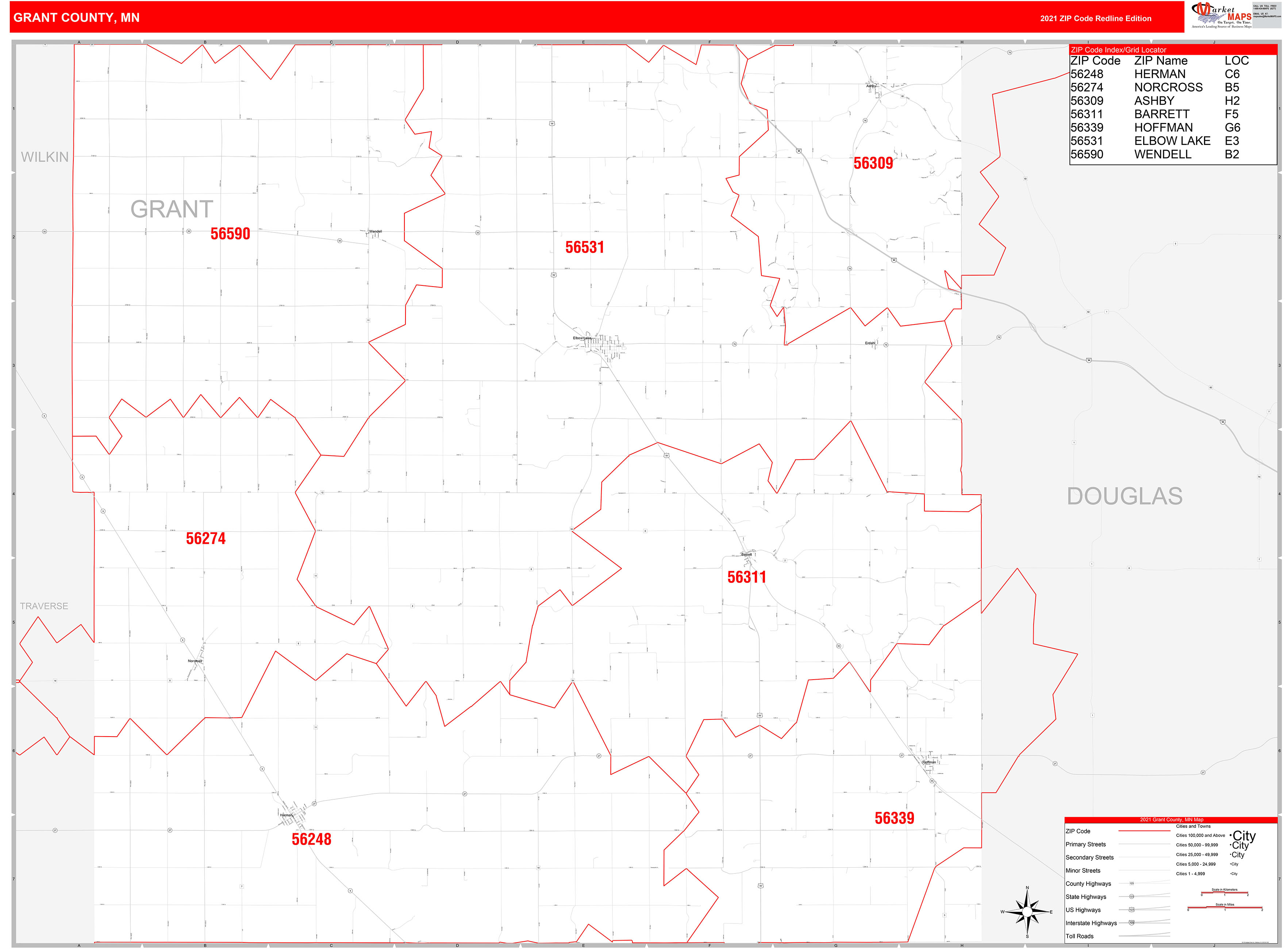 Grant County, MN Zip Code Wall Map Red Line Style by MarketMAPS