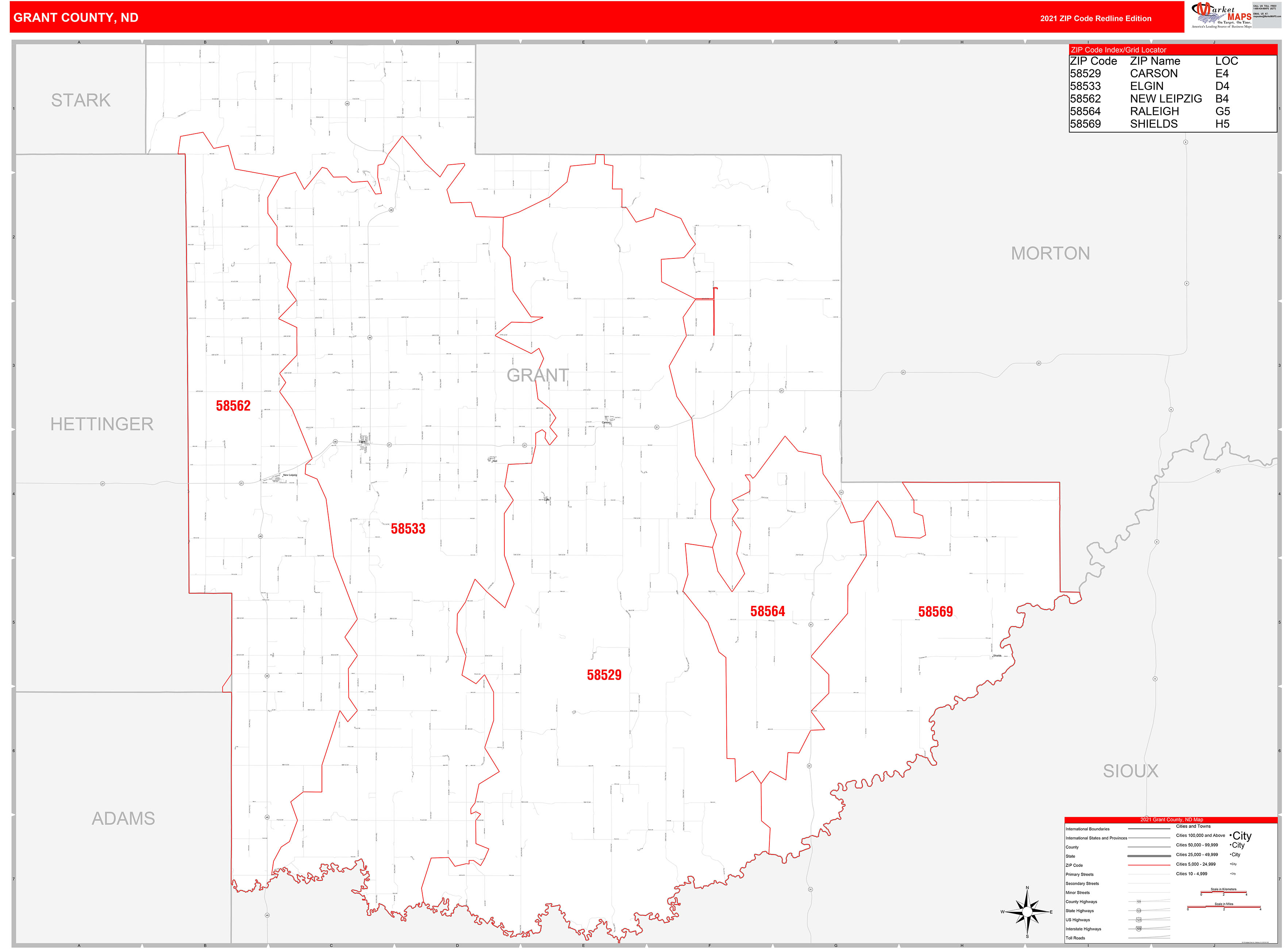 Grant County, ND Zip Code Wall Map Red Line Style by MarketMAPS MapSales