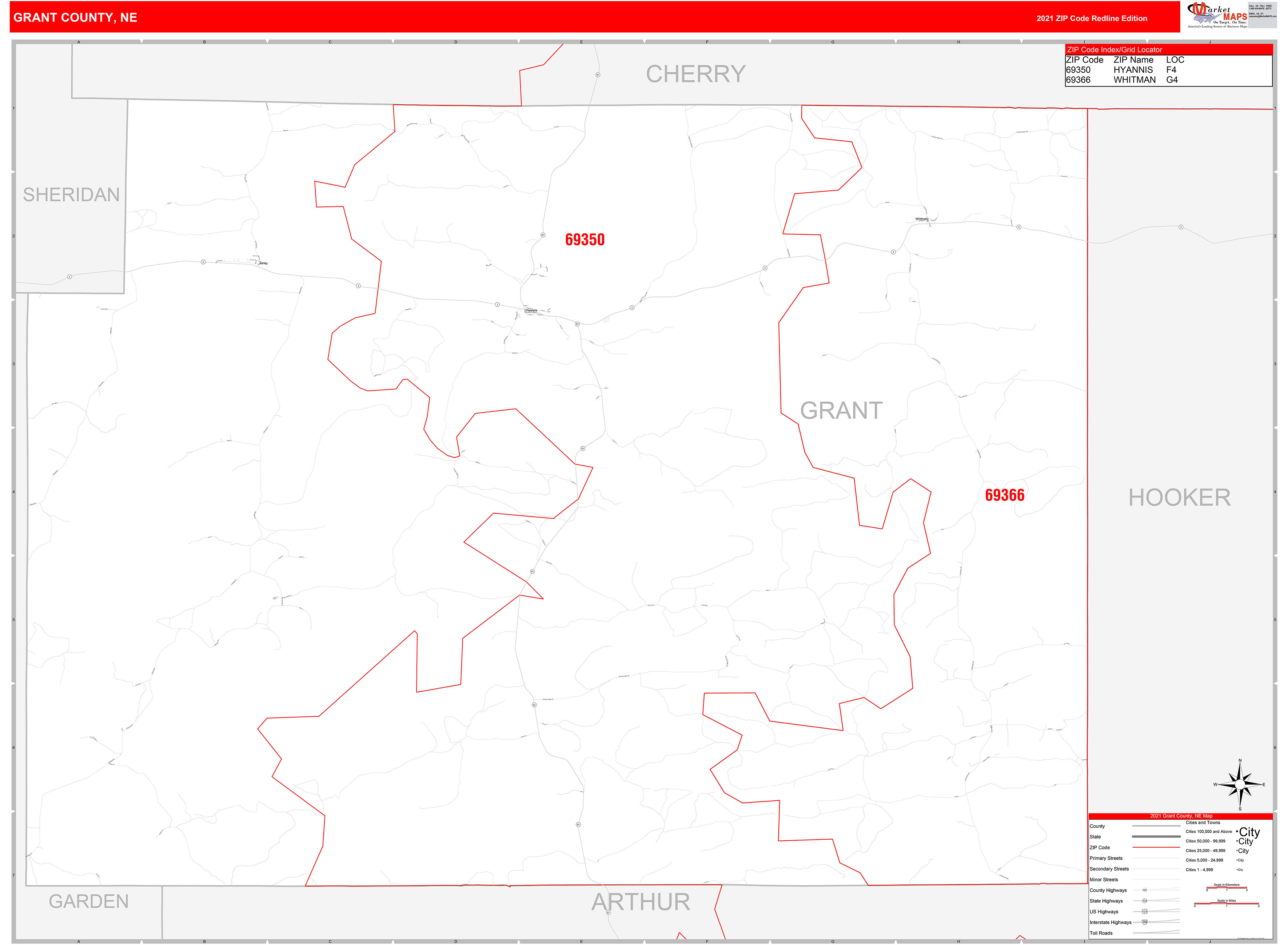 Grant County, NE Zip Code Wall Map Red Line Style by MarketMAPS