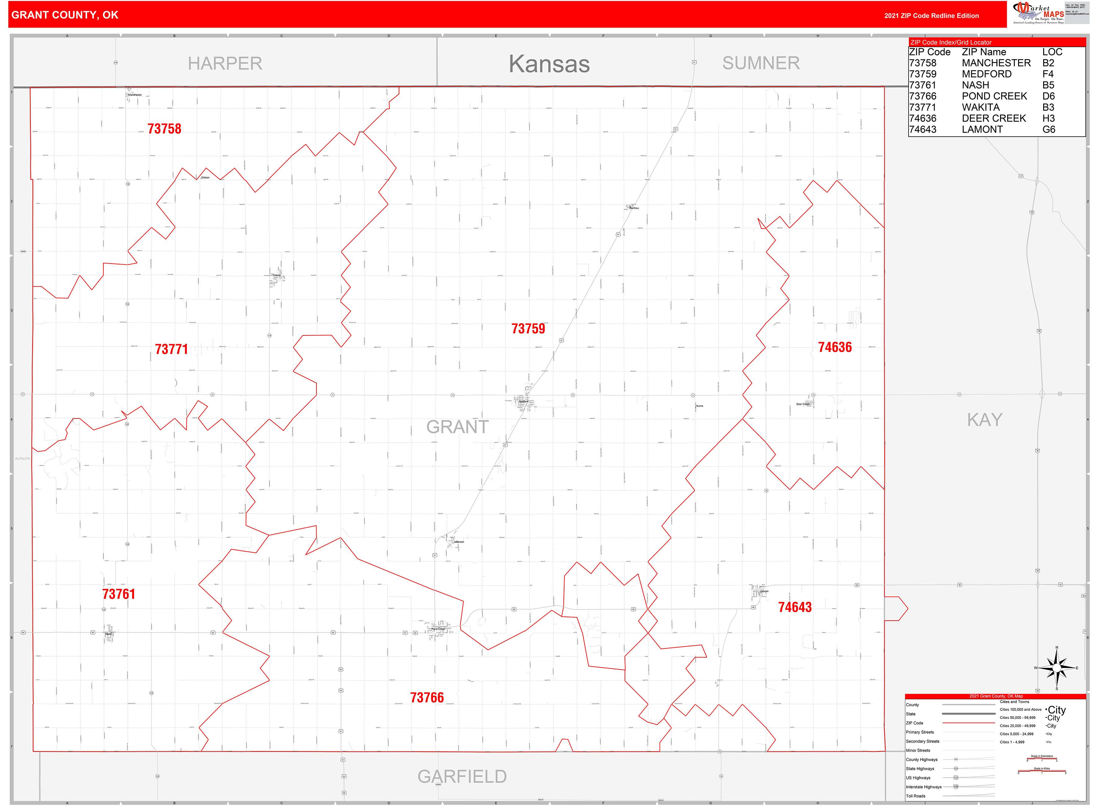 Grant County, OK Zip Code Wall Map Red Line Style by MarketMAPS
