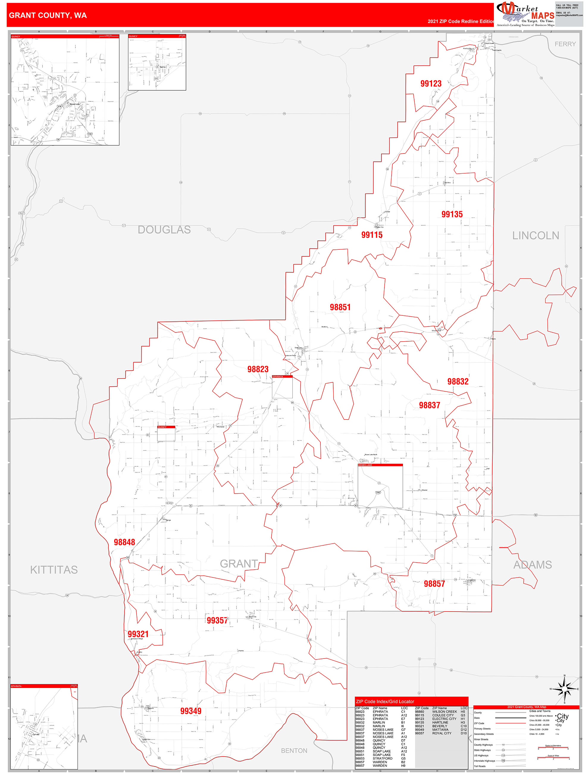 Grant County, WA Zip Code Wall Map Red Line Style by MarketMAPS