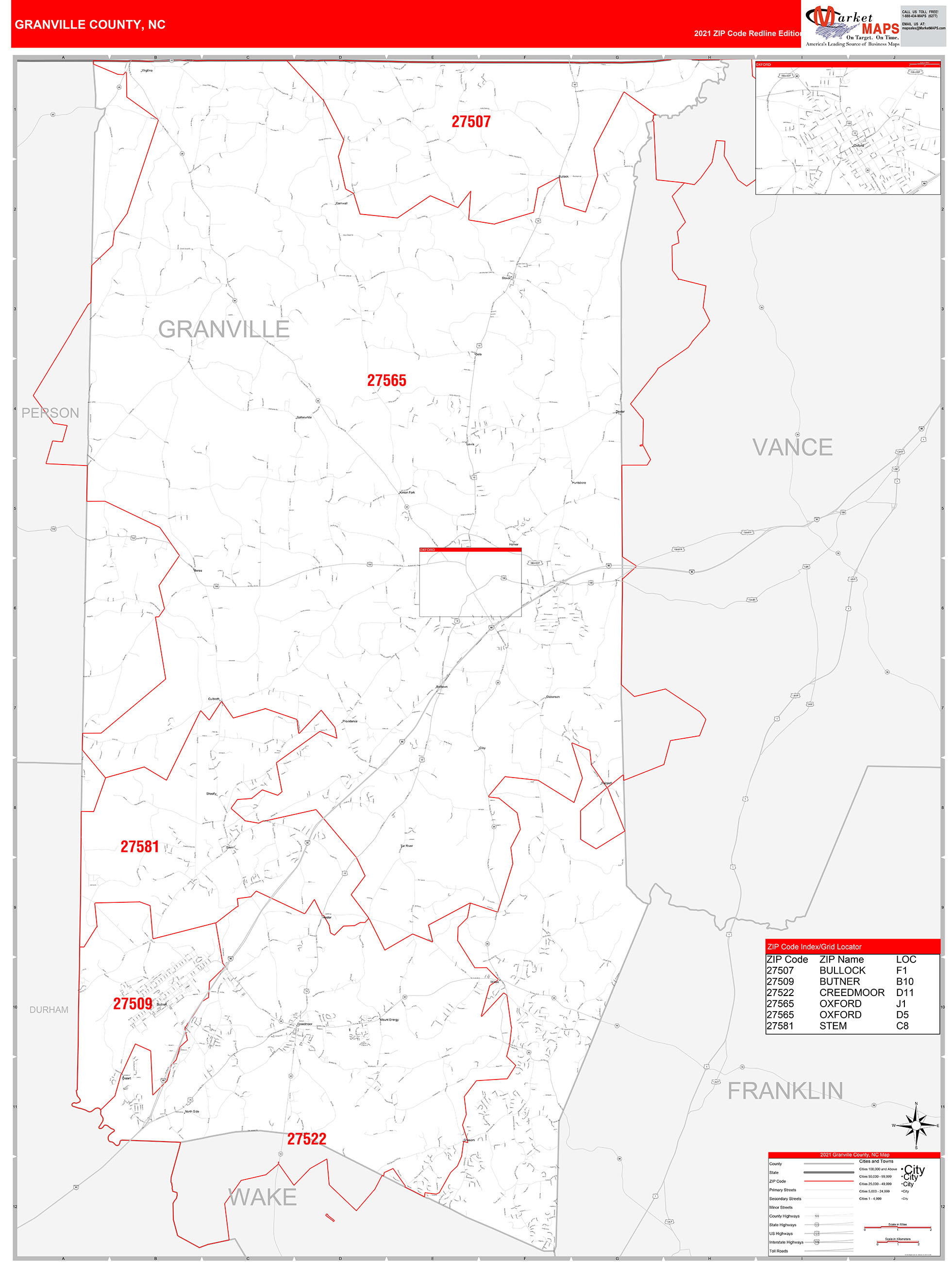 Granville County, NC Zip Code Wall Map Red Line Style by MarketMAPS