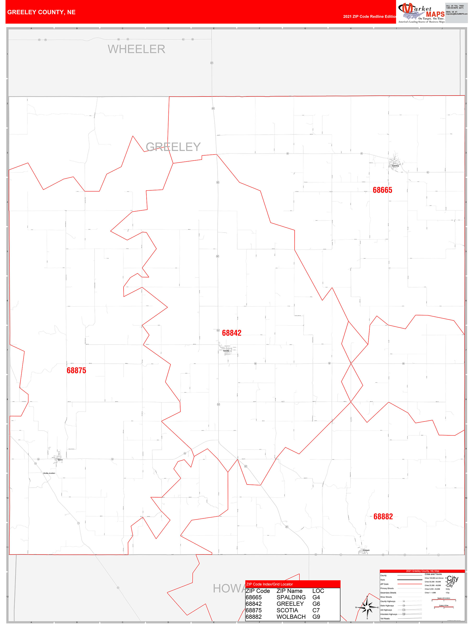 Greeley County, NE Zip Code Wall Map Red Line Style by MarketMAPS