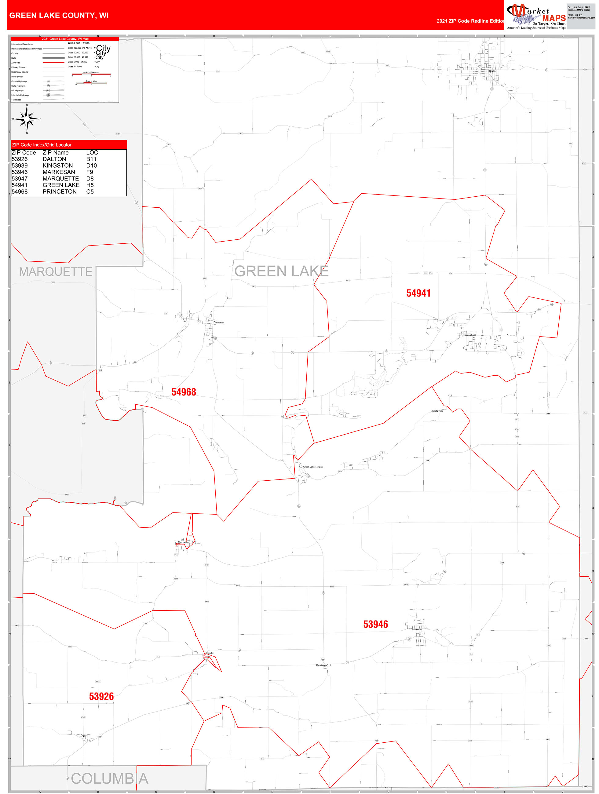 Green Lake County, WI Zip Code Wall Map Red Line Style by MarketMAPS