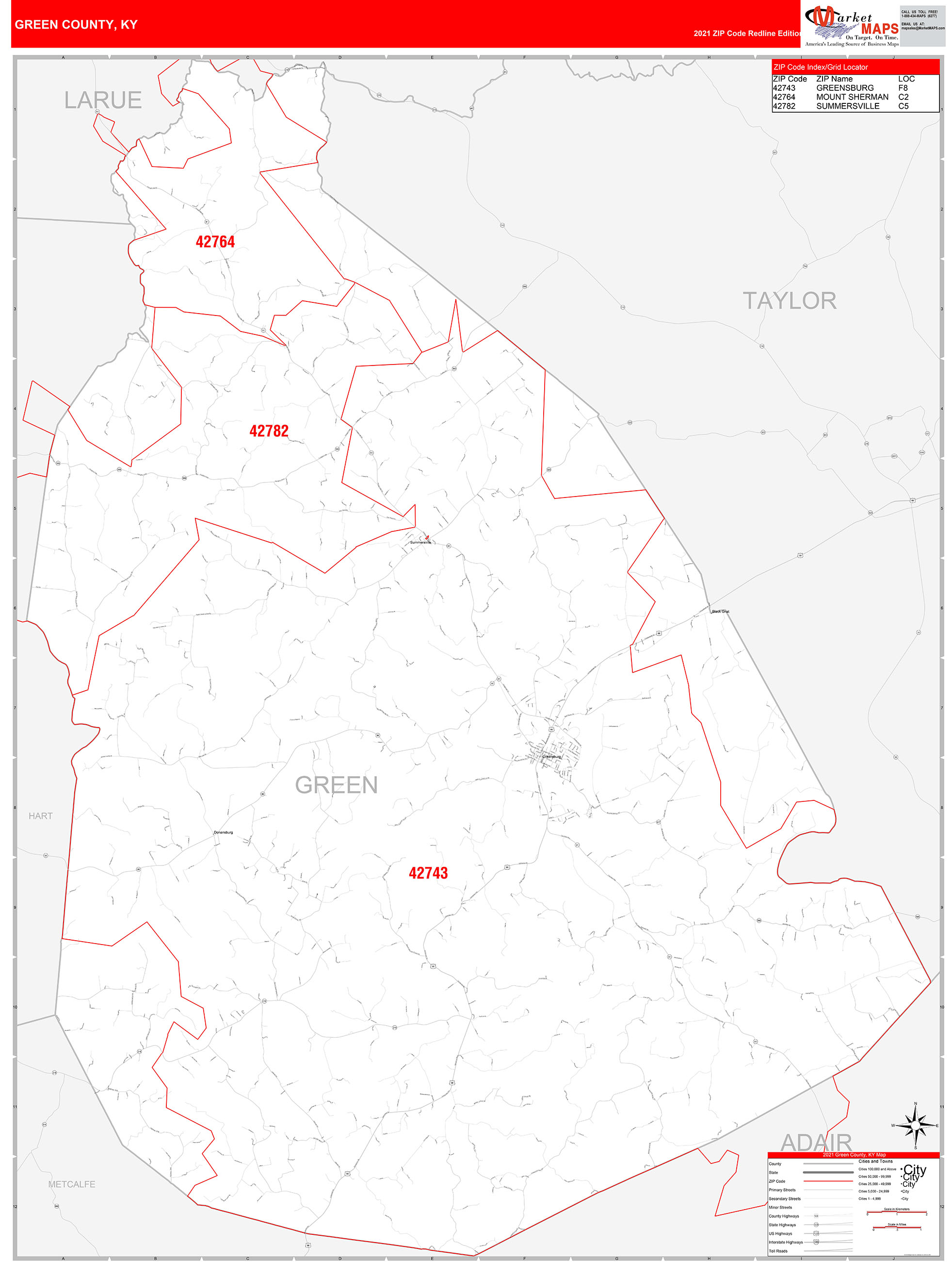 Green County, KY Zip Code Wall Map Red Line Style by MarketMAPS
