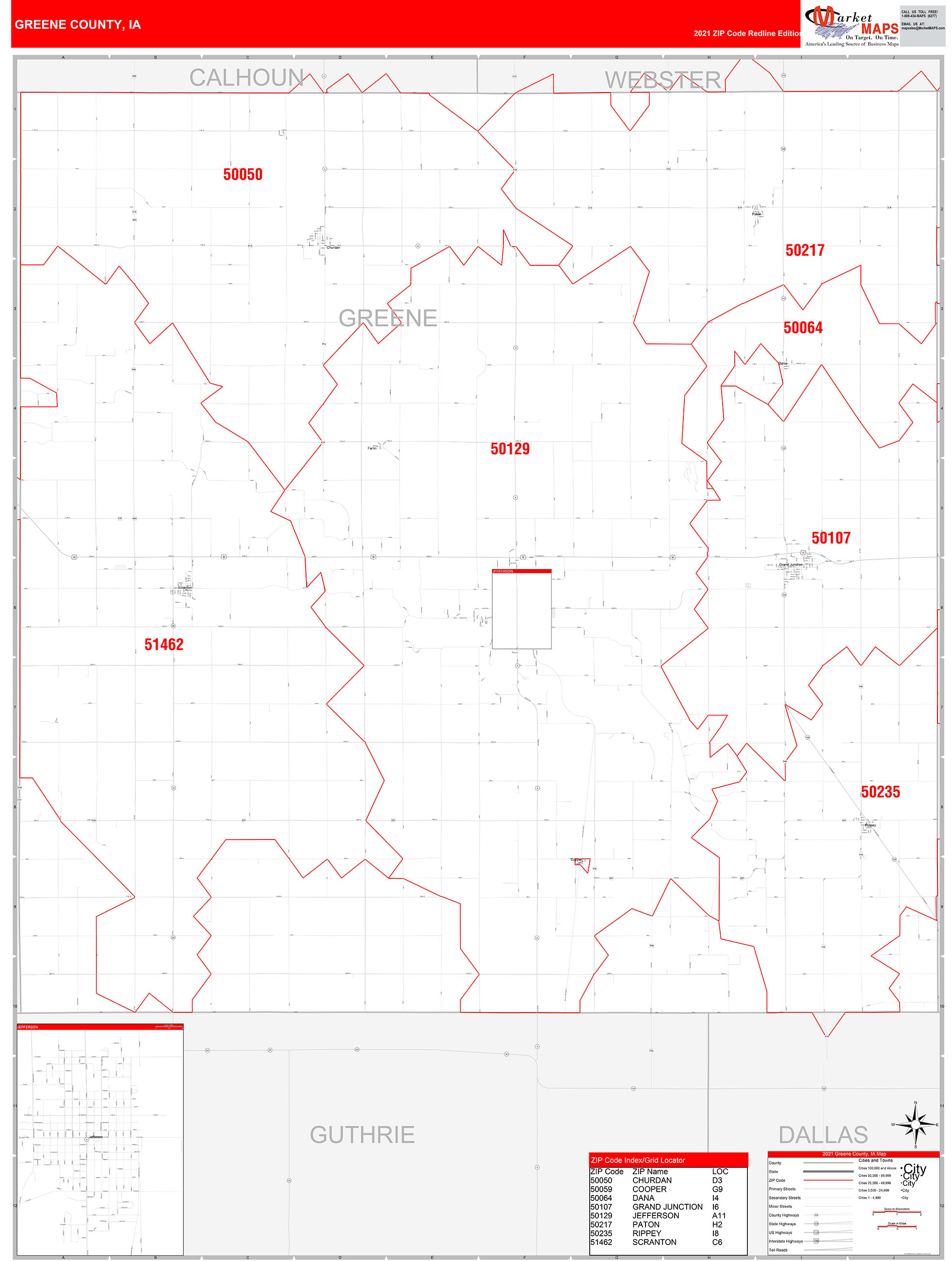 Greene County, IA Zip Code Wall Map Red Line Style by MarketMAPS MapSales