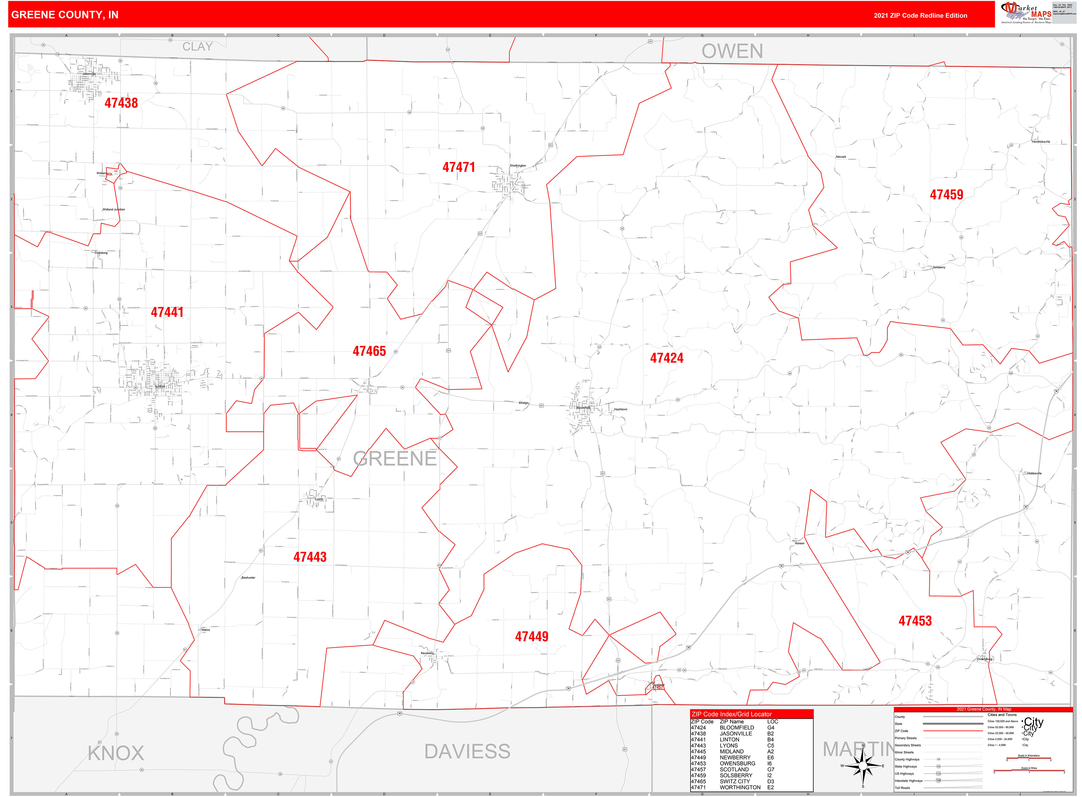 Greene County, IN Zip Code Wall Map Red Line Style by MarketMAPS
