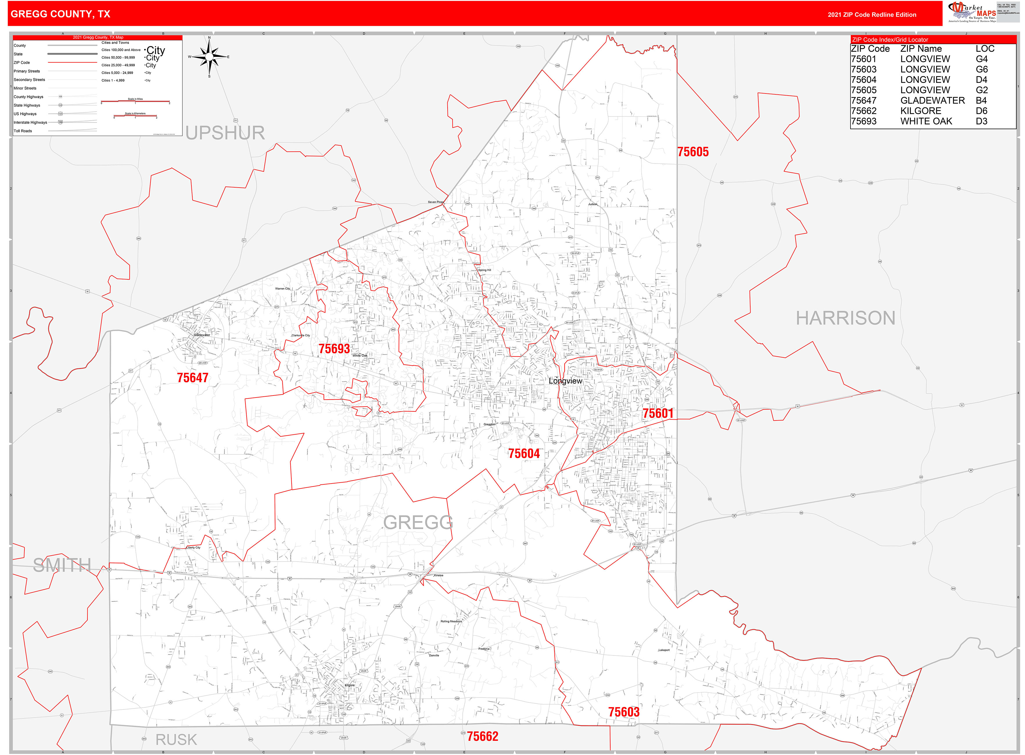 Gregg County Tx Zip Code Wall Map Red Line Style By Marketmaps