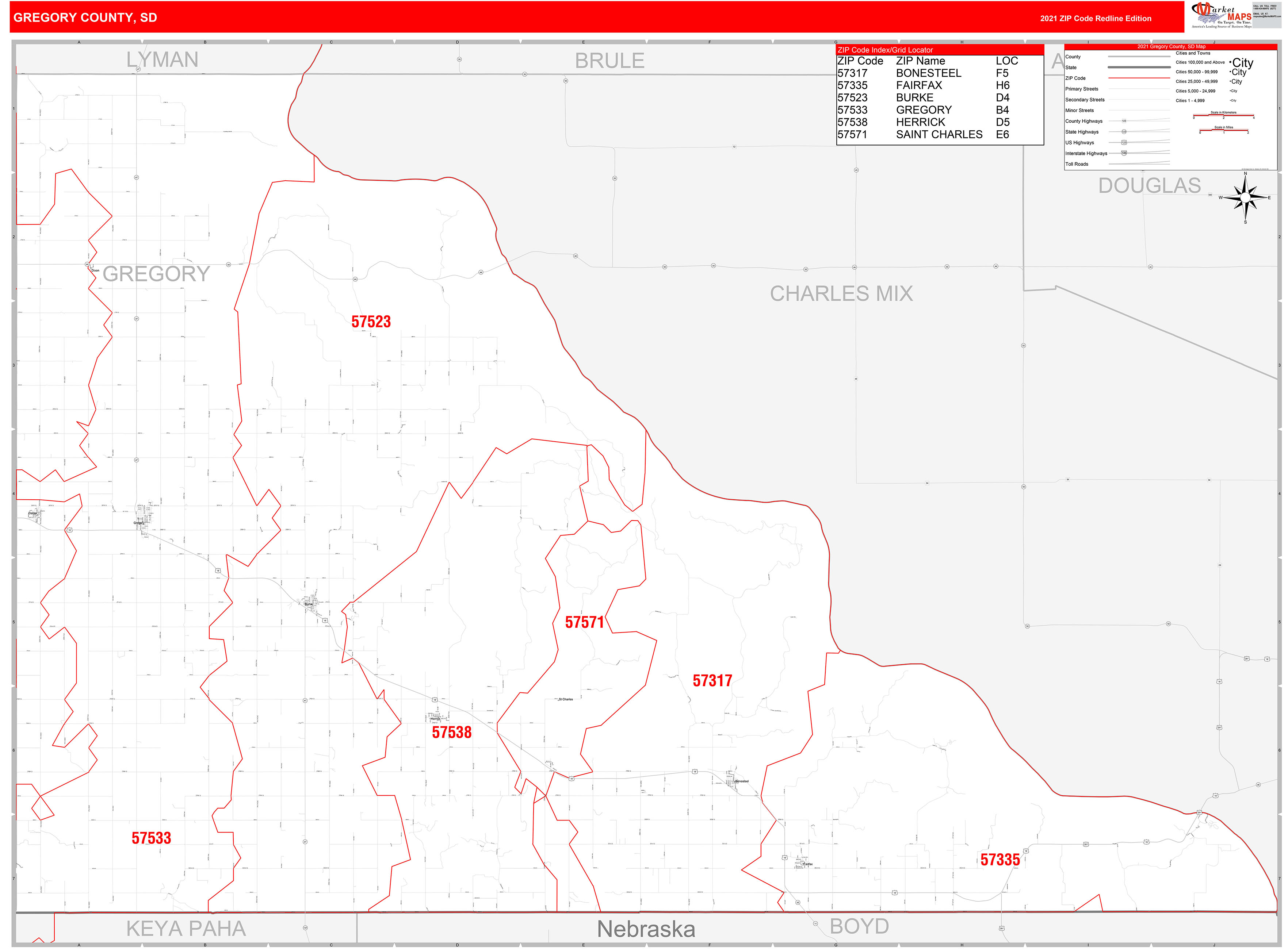 Gregory County, SD Zip Code Wall Map Red Line Style by MarketMAPS