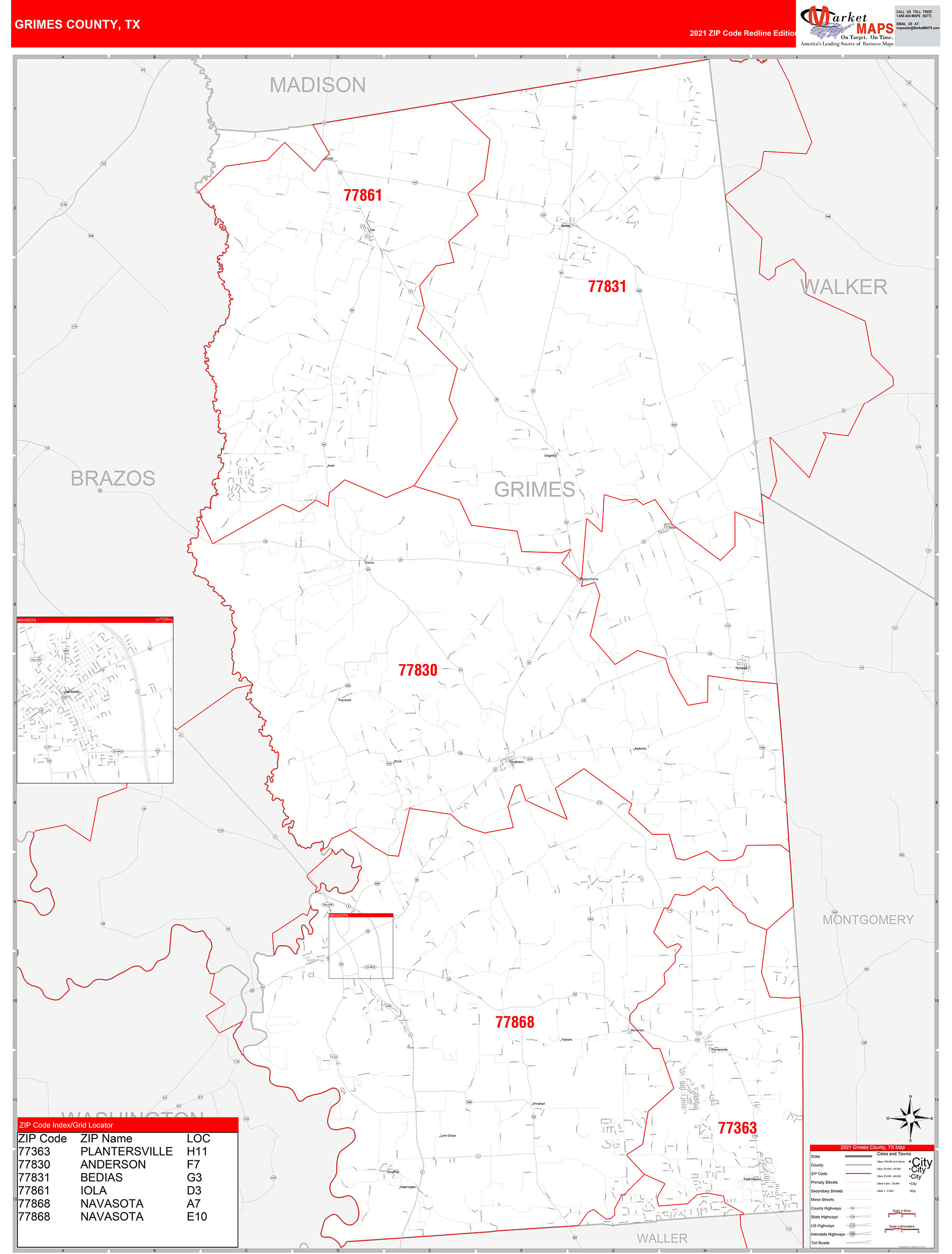 Grimes County, TX Zip Code Wall Map Red Line Style by MarketMAPS