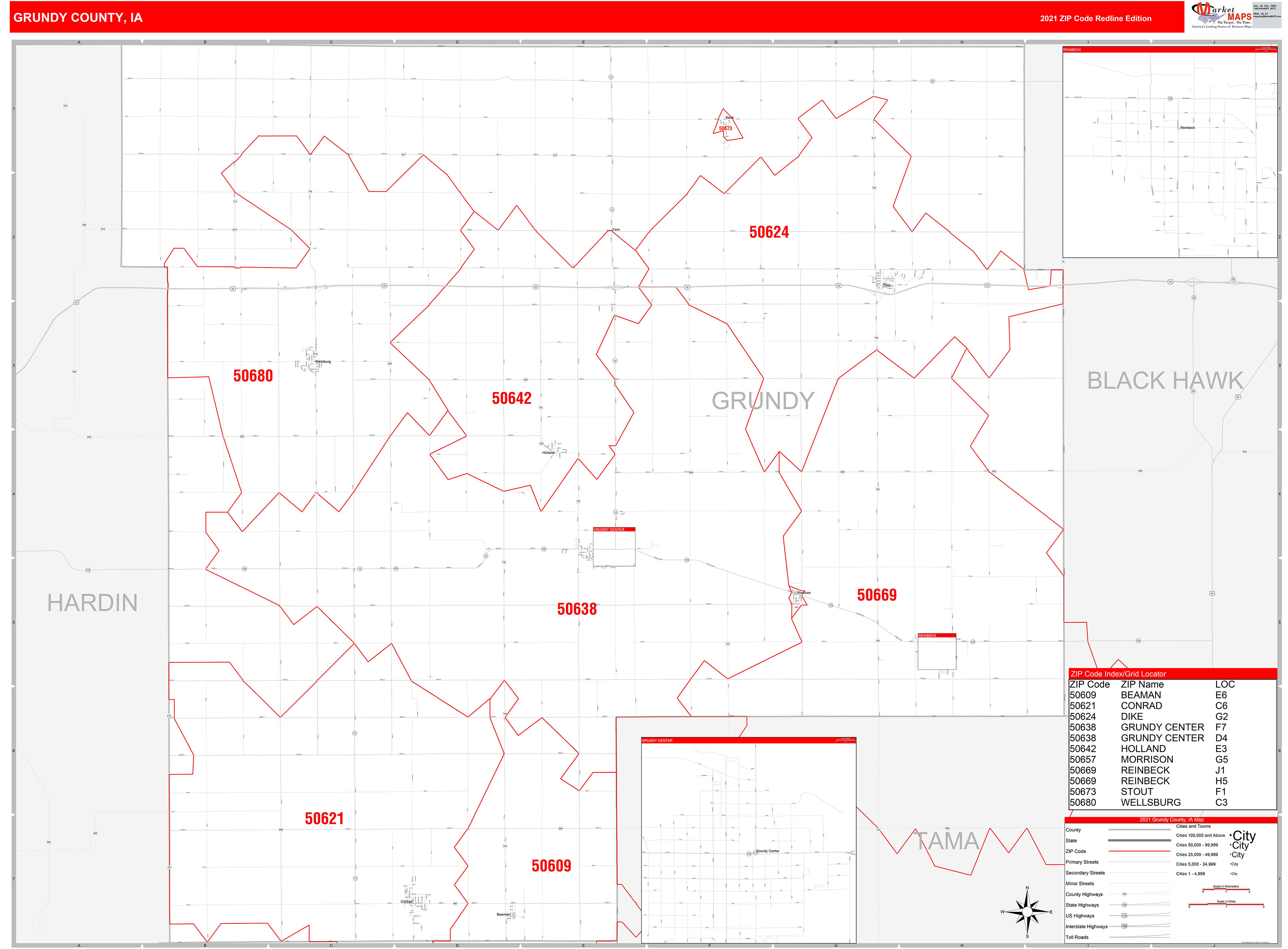 Grundy County, IA Zip Code Wall Map Red Line Style by MarketMAPS