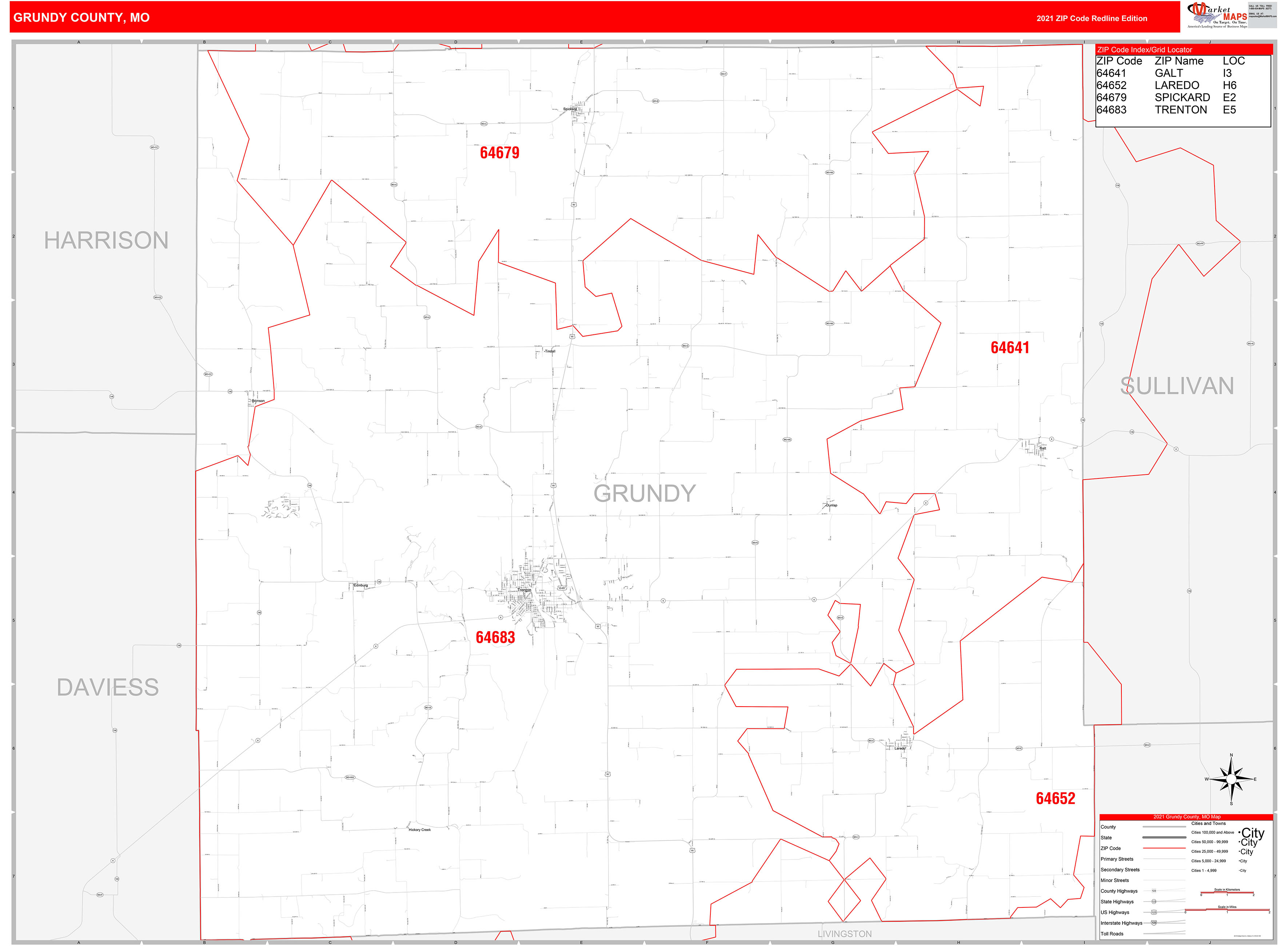 Grundy County, MO Zip Code Wall Map Red Line Style by MarketMAPS