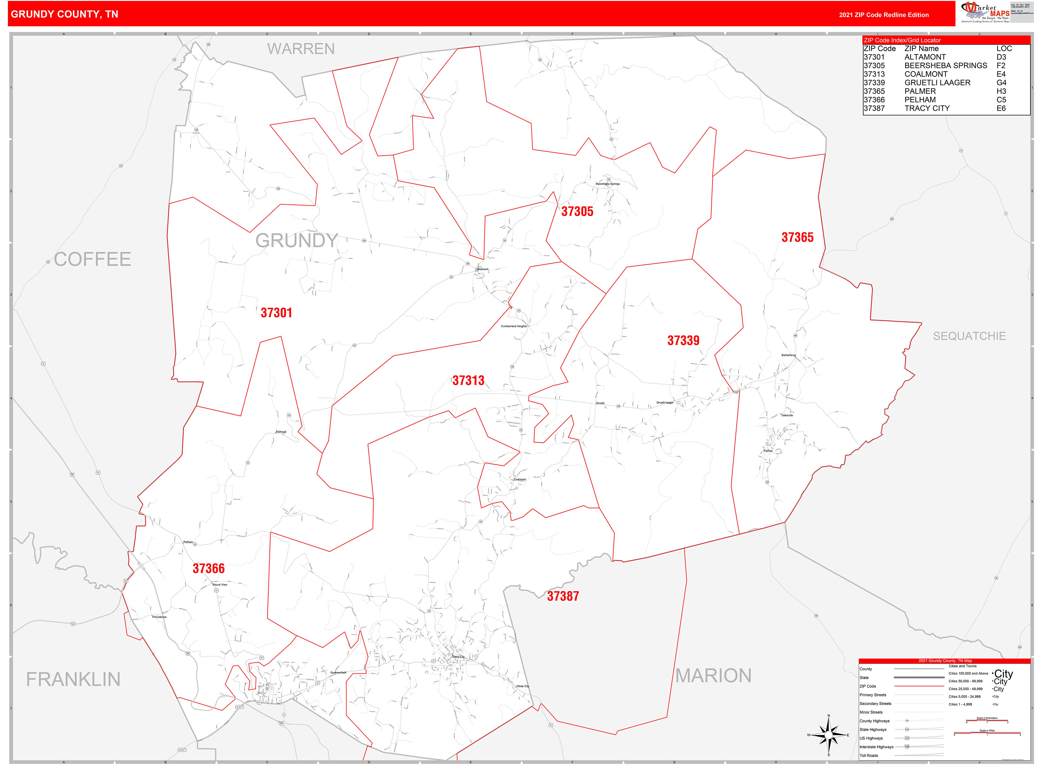 Grundy County, TN Zip Code Wall Map Red Line Style by MarketMAPS