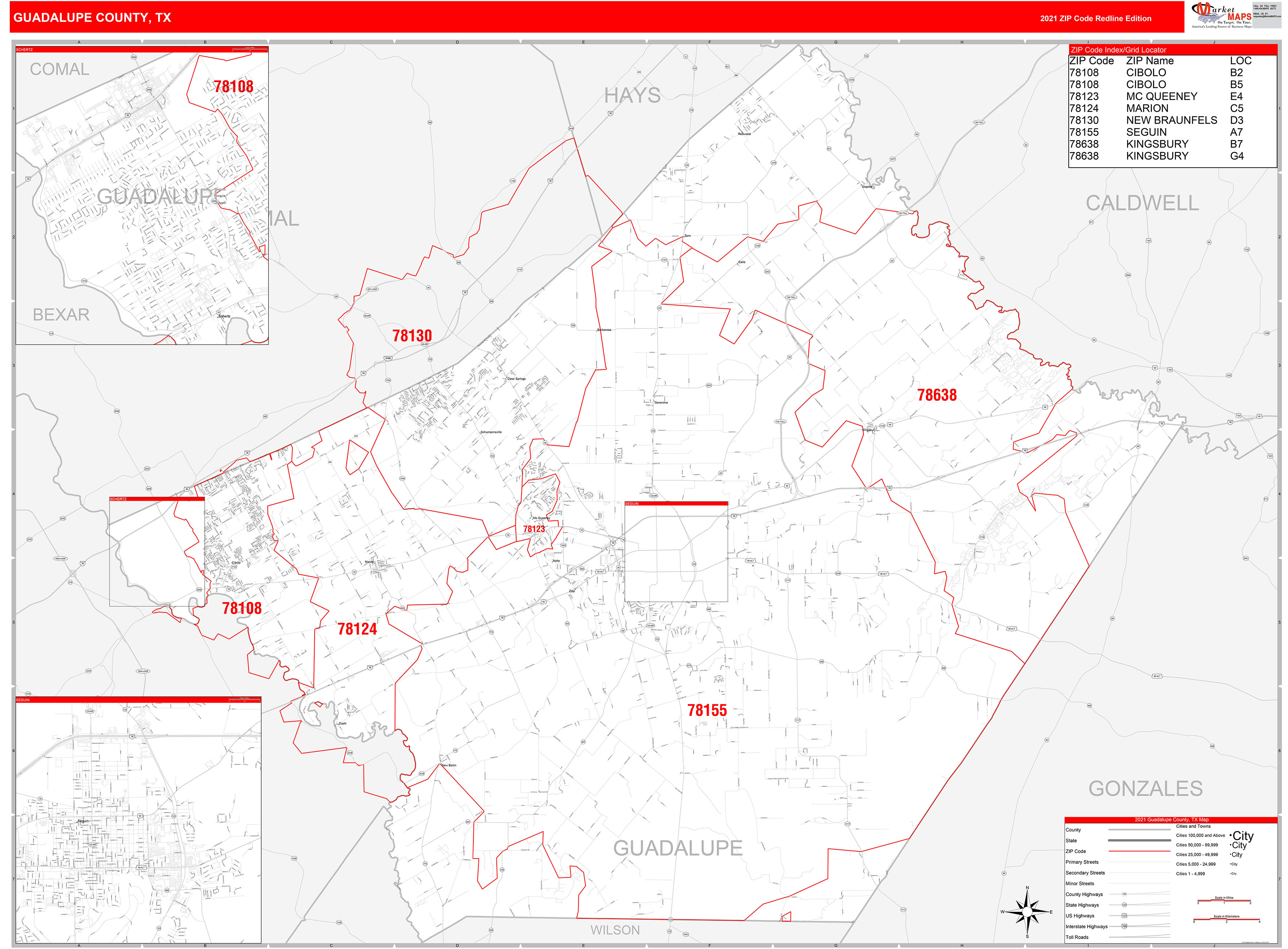 Guadalupe County Tx Zip Code Wall Map Red Line Style By Marketmaps