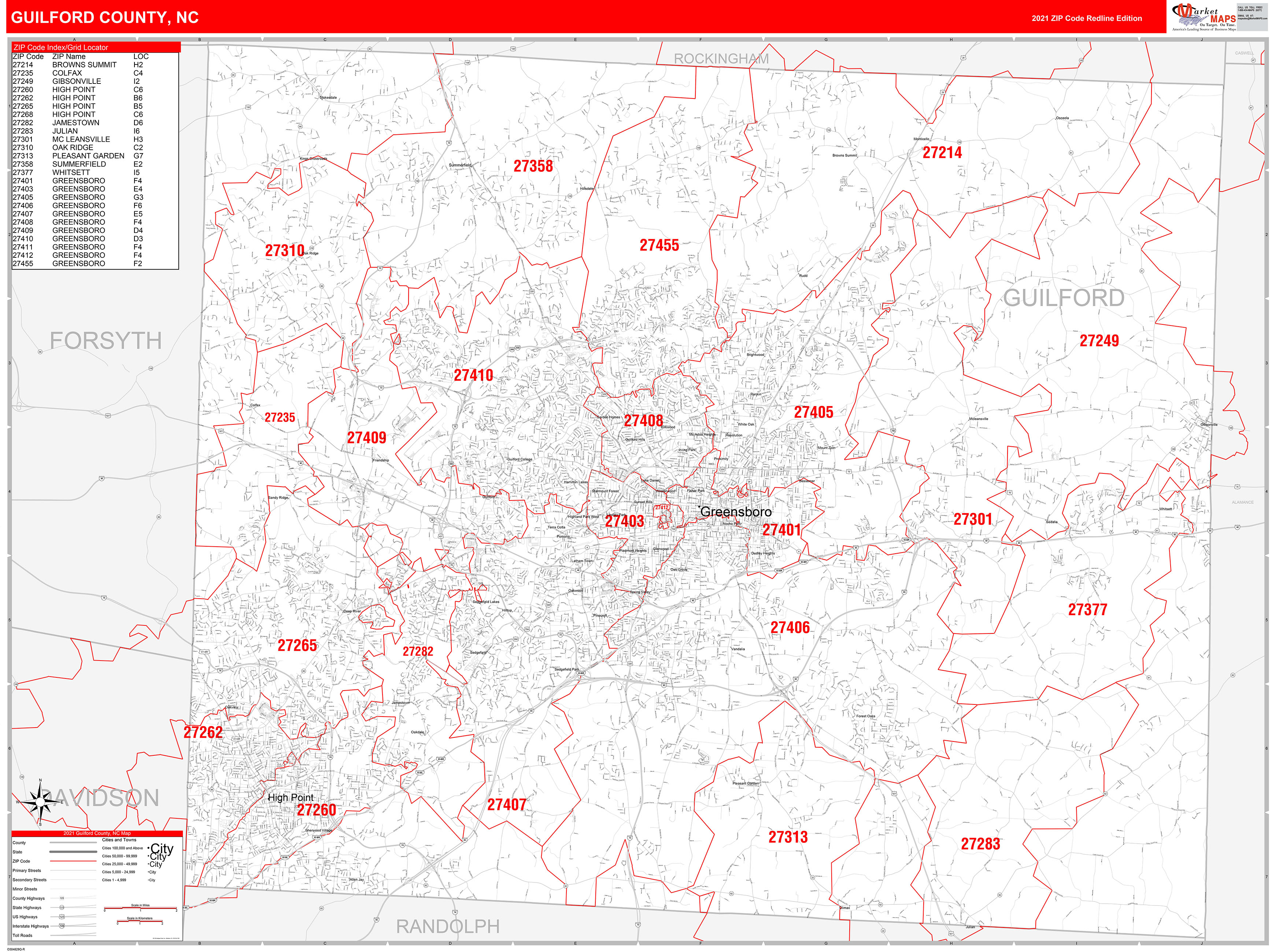 Guilford County, NC Zip Code Wall Map Red Line Style by MarketMAPS MapSales