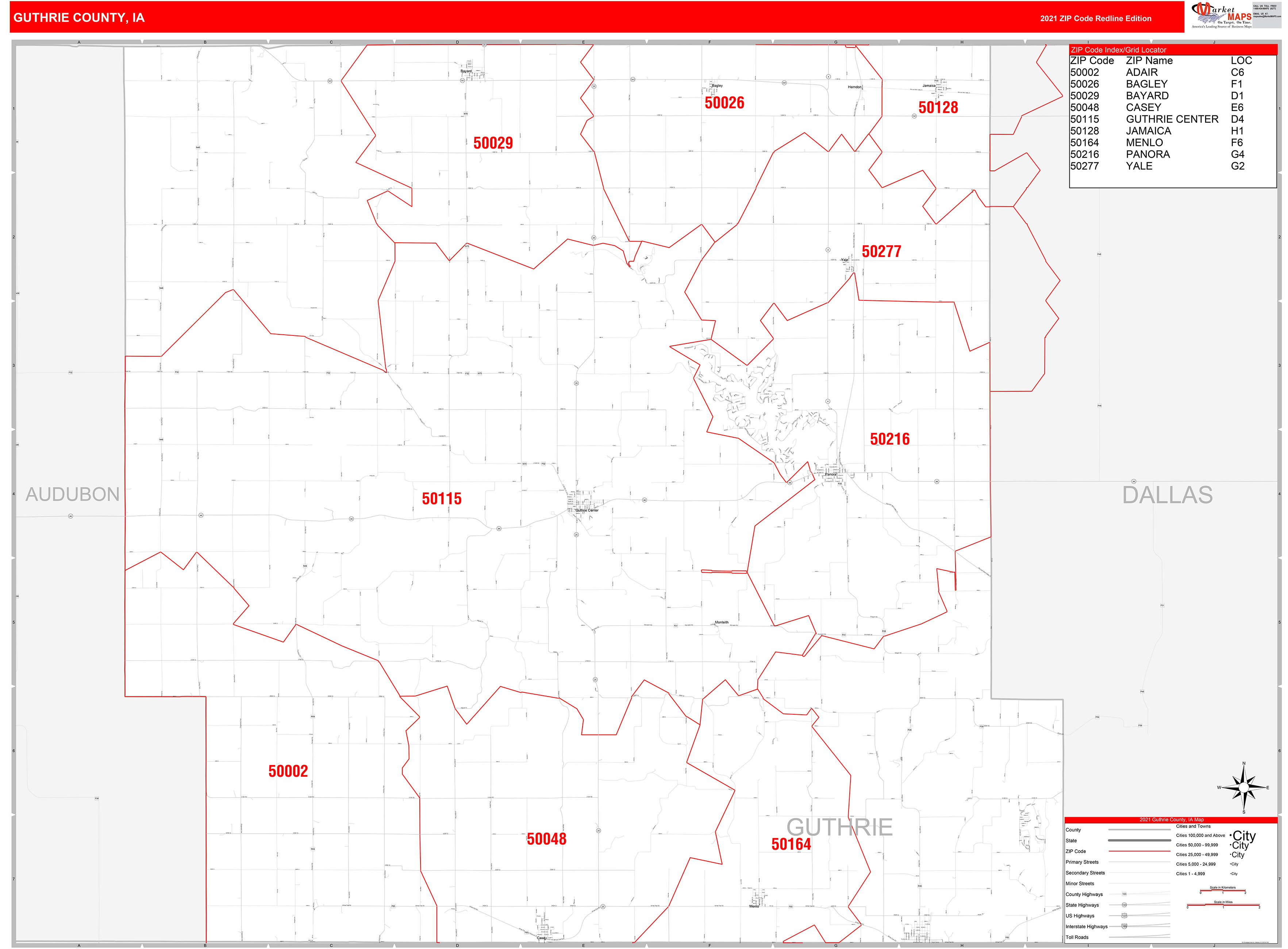 Guthrie County, IA Zip Code Wall Map Red Line Style by MarketMAPS