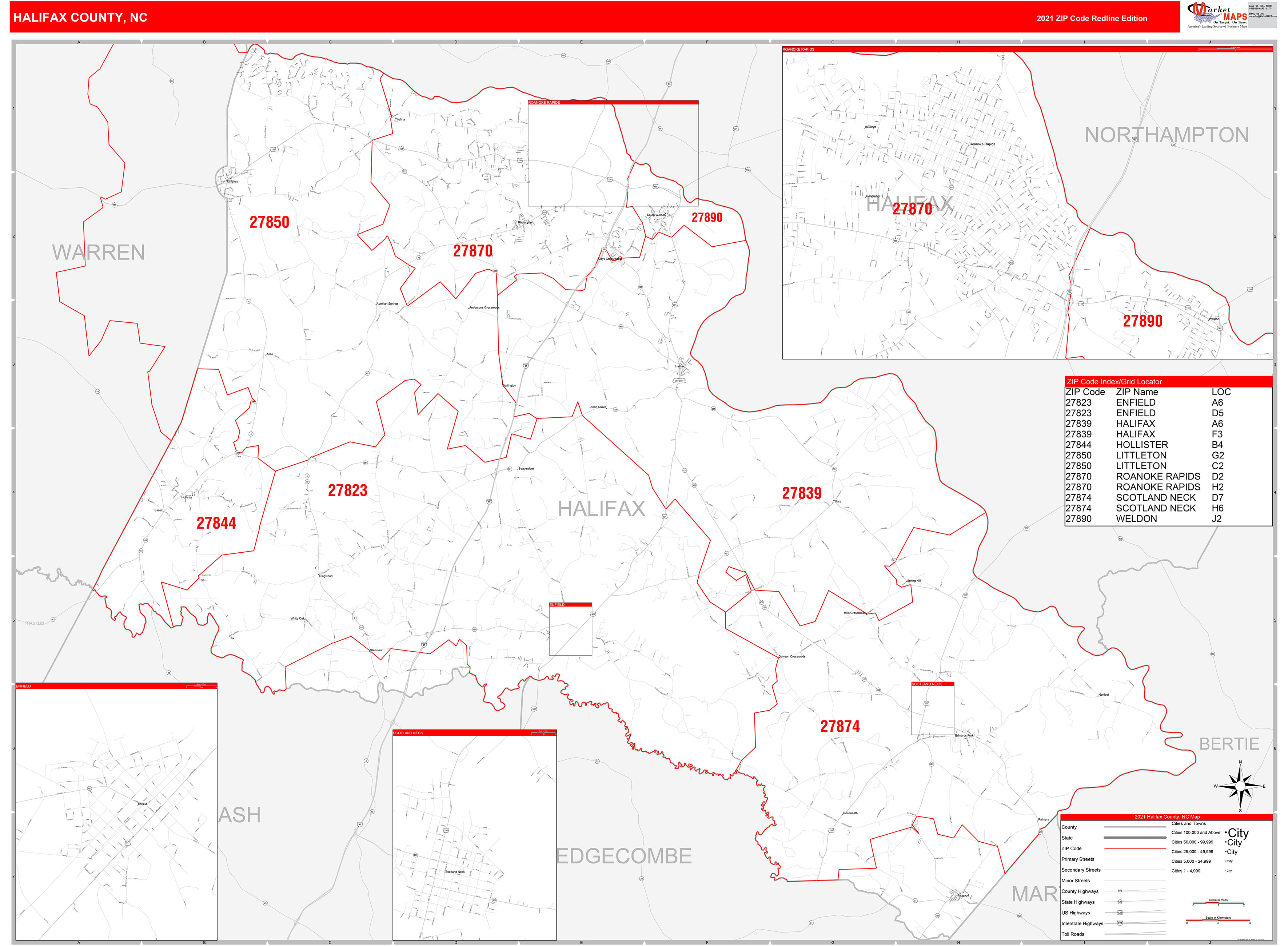 Halifax County, NC Zip Code Wall Map Red Line Style by MarketMAPS