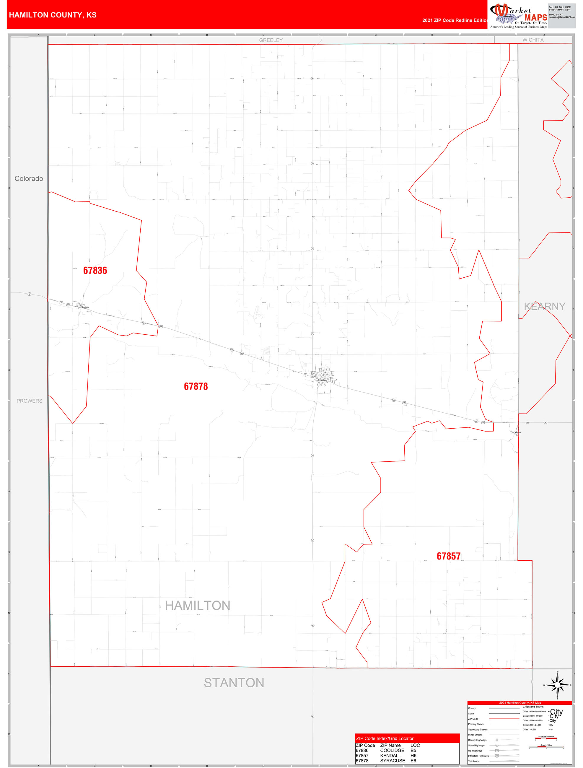 Hamilton County, KS Zip Code Wall Map Red Line Style by MarketMAPS