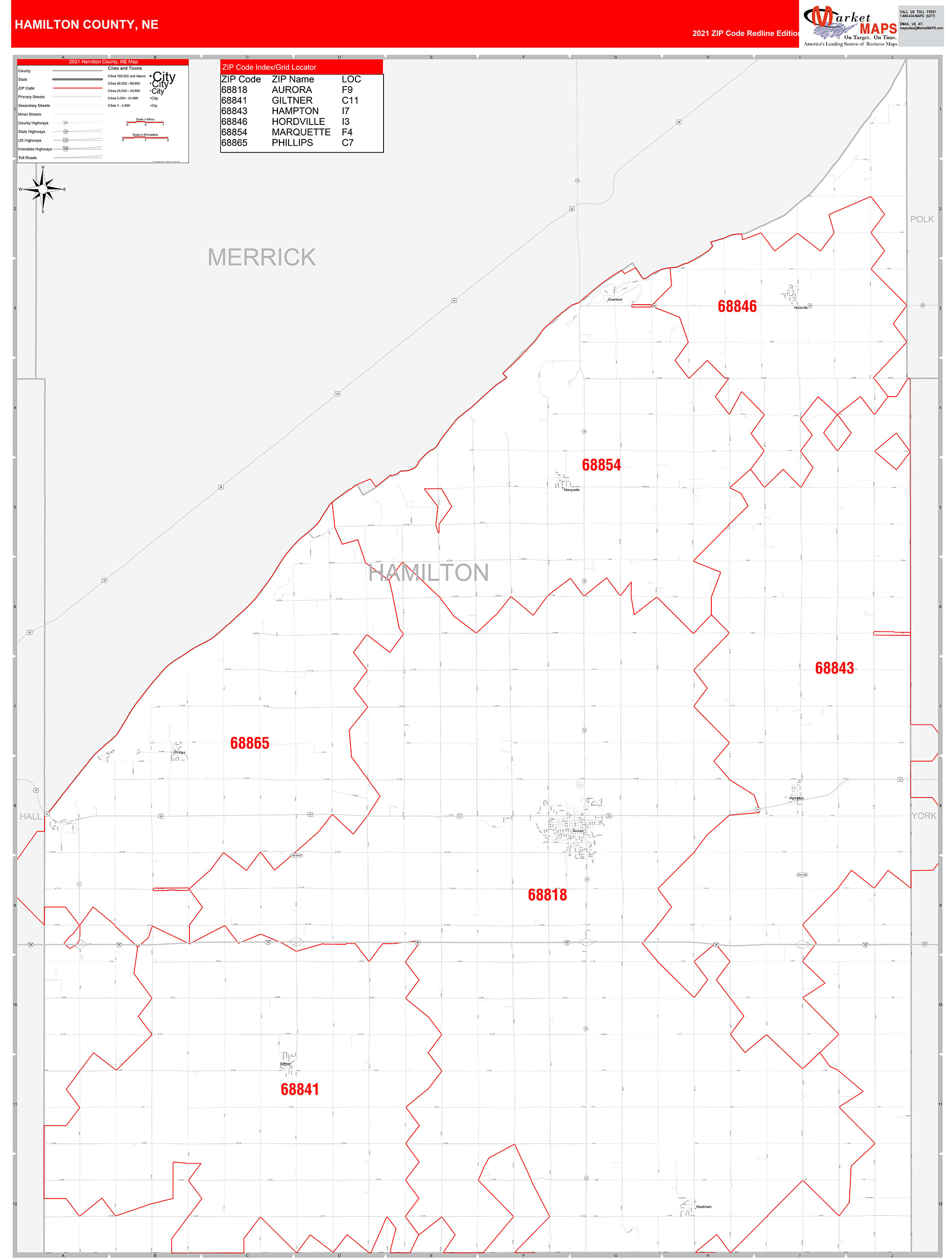 Hamilton County, NE Zip Code Wall Map Red Line Style by MarketMAPS