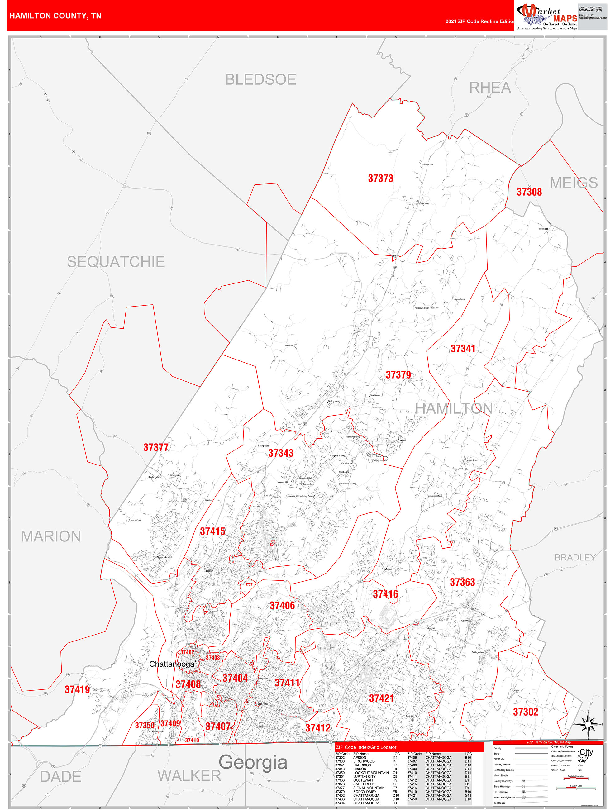 Hamilton County, TN Zip Code Wall Map Red Line Style by MarketMAPS