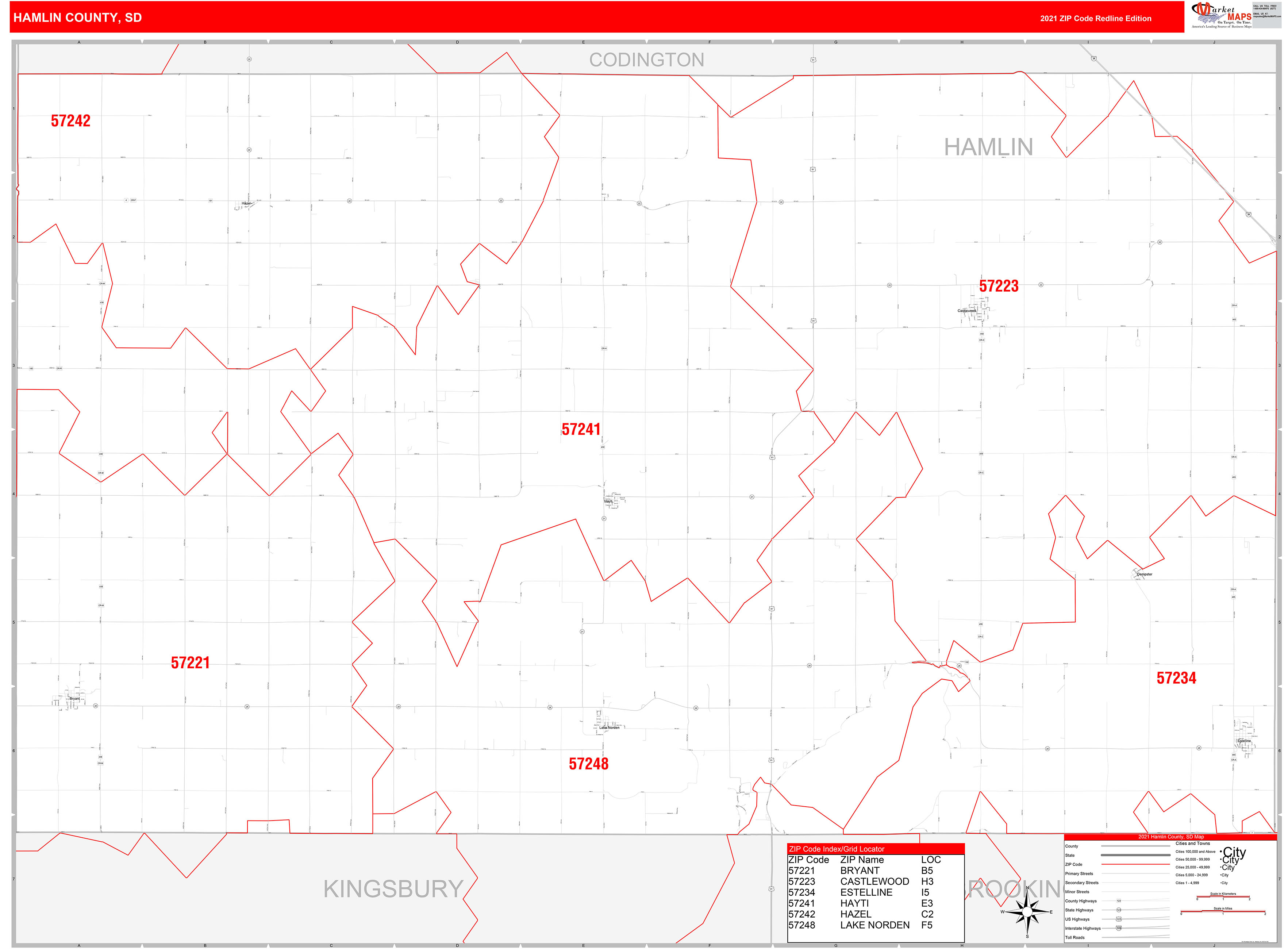 Hamlin County, SD Zip Code Wall Map Red Line Style by MarketMAPS