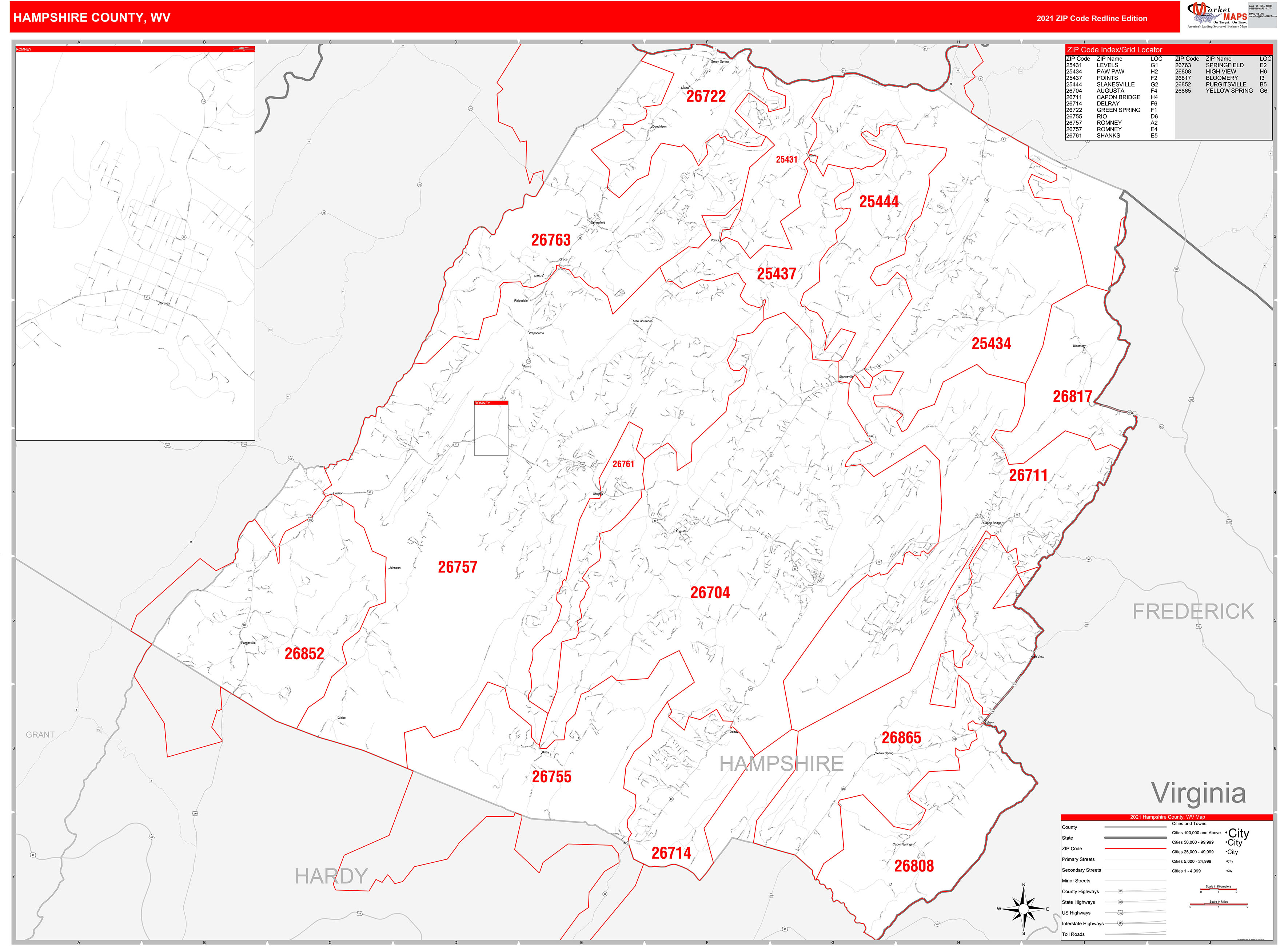Hampshire County, WV Zip Code Wall Map Red Line Style by MarketMAPS