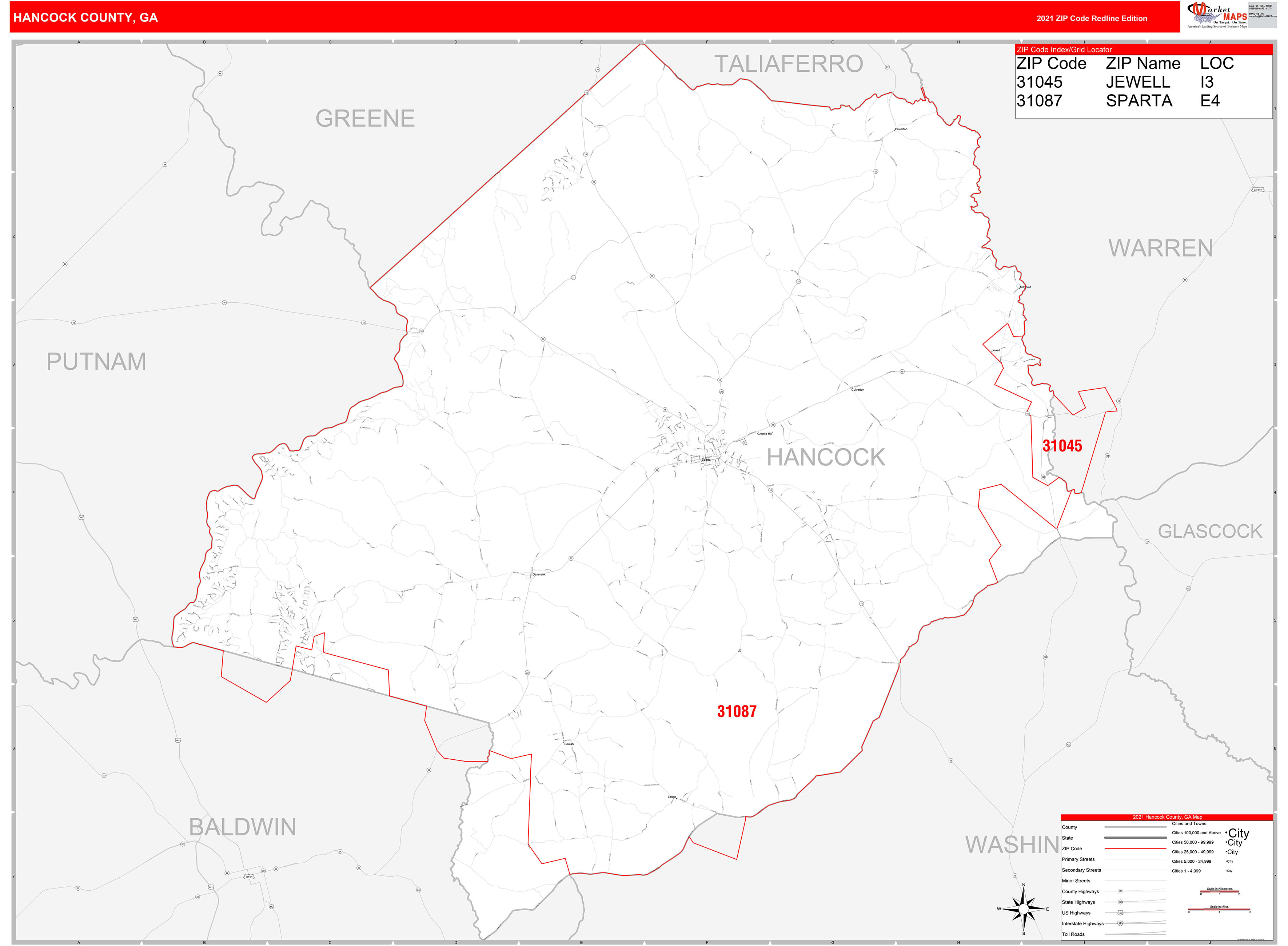 Hancock County, GA Zip Code Wall Map Red Line Style by MarketMAPS