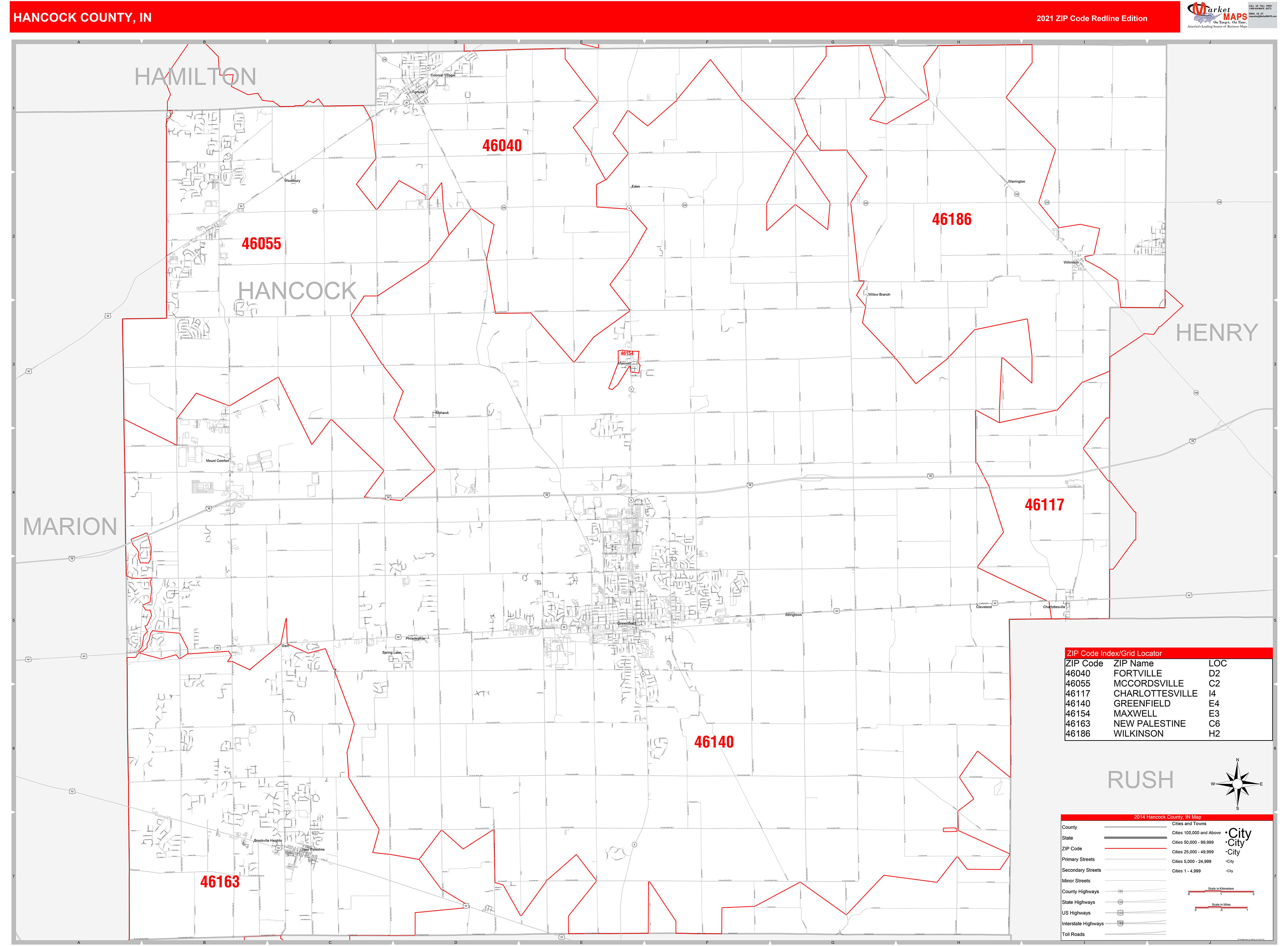 Hancock County, IN Zip Code Wall Map Red Line Style by MarketMAPS